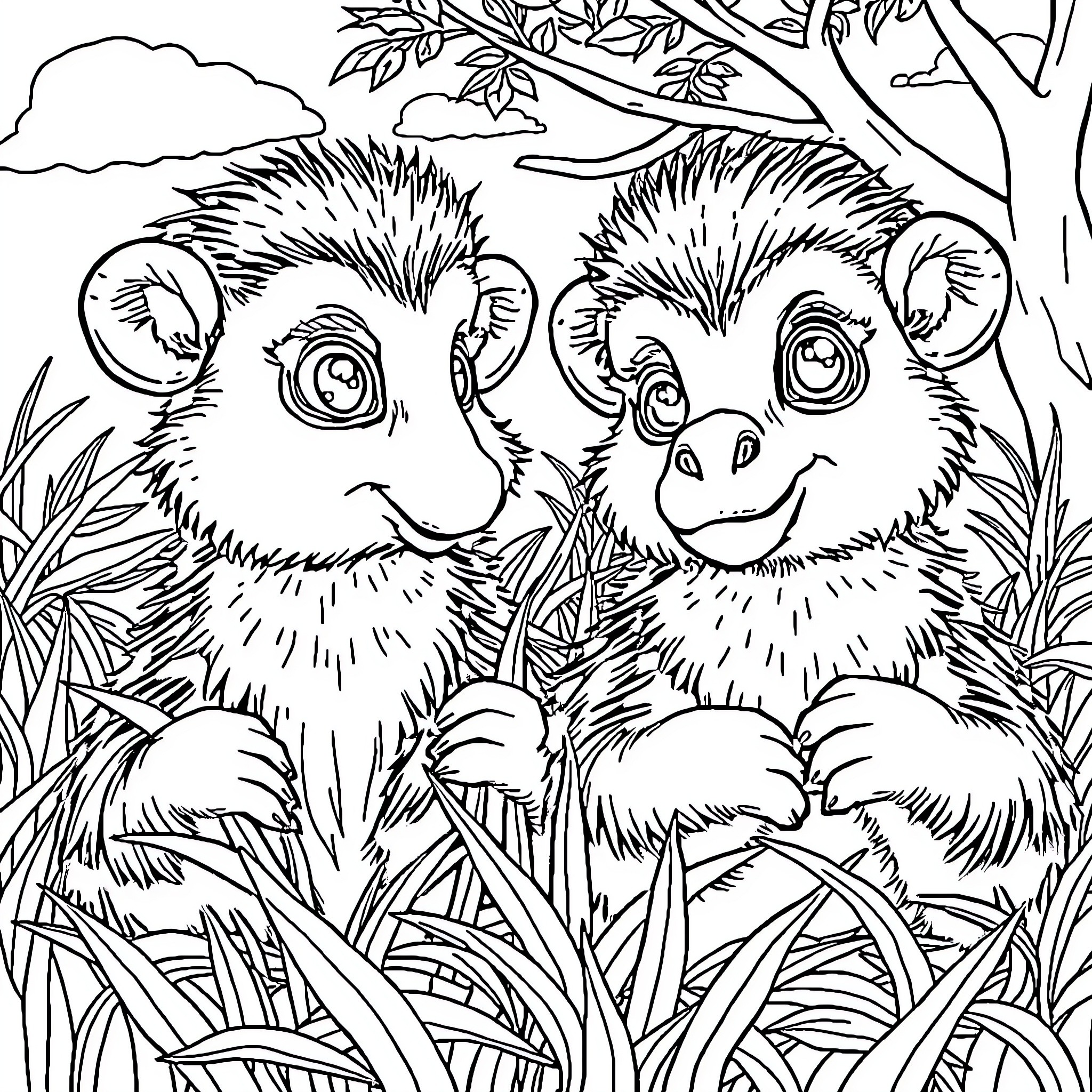 Capybara friends exploring the lush forest Coloring Page (free black-and-white line drawing printable PDF for all, from beginners to advanced learners, including children, teens, adults, and seniors)