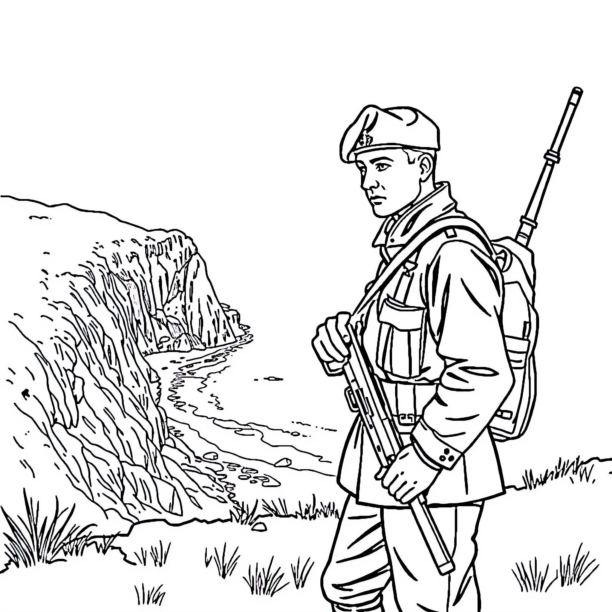 Anzac Soldier Standing Guard in a Rugged Landscape Coloring Page (free black-and-white line drawing printable PDF for all, from beginners to advanced learners, including children, teens, adults, and seniors)