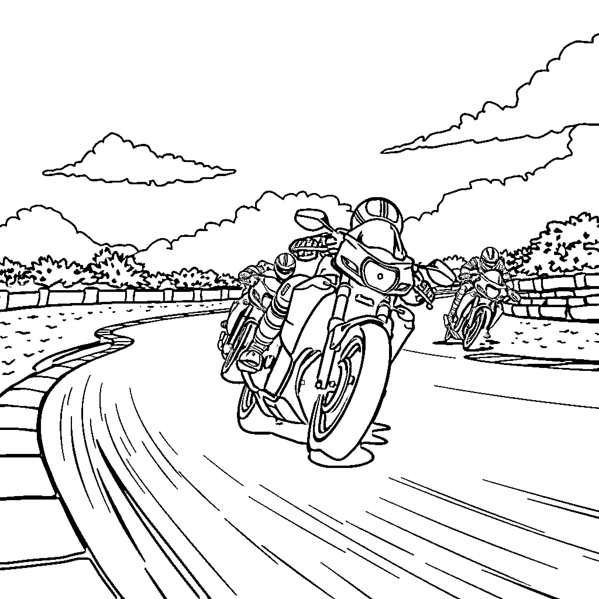 Motorbike racing on winding mountain road Coloring Page (free black-and-white line drawing printable PDF for all, from beginners to advanced learners, including children, teens, adults, and seniors)