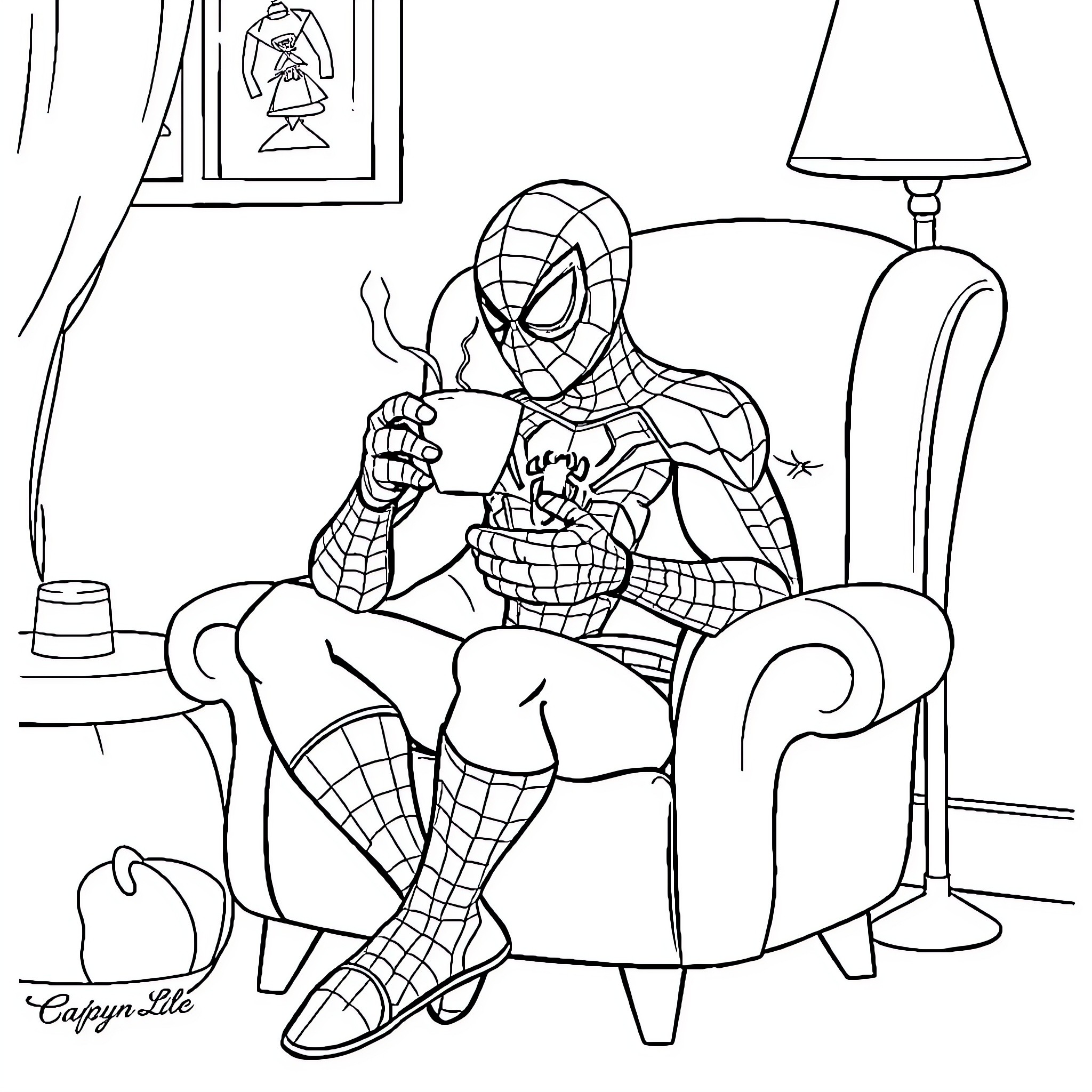 Spiderman relaxing in his living room Coloring Page (free black-and-white line drawing printable PDF for all, from beginners to advanced learners, including children, teens, adults, and seniors)