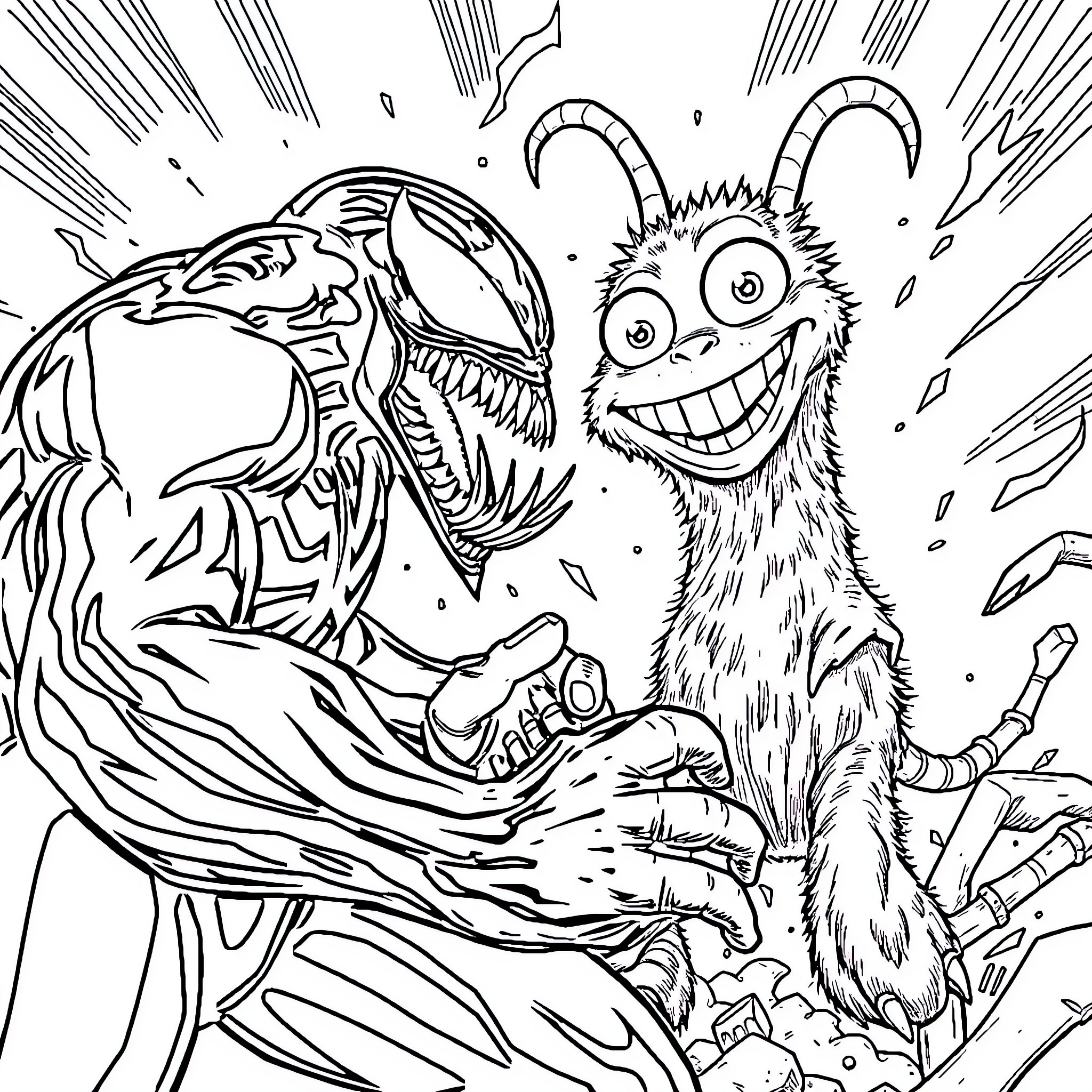 Venom striking a menacing pose with a monstrous creature Coloring Page (free black-and-white line drawing printable PDF for all, from beginners to advanced learners, including children, teens, adults, and seniors)