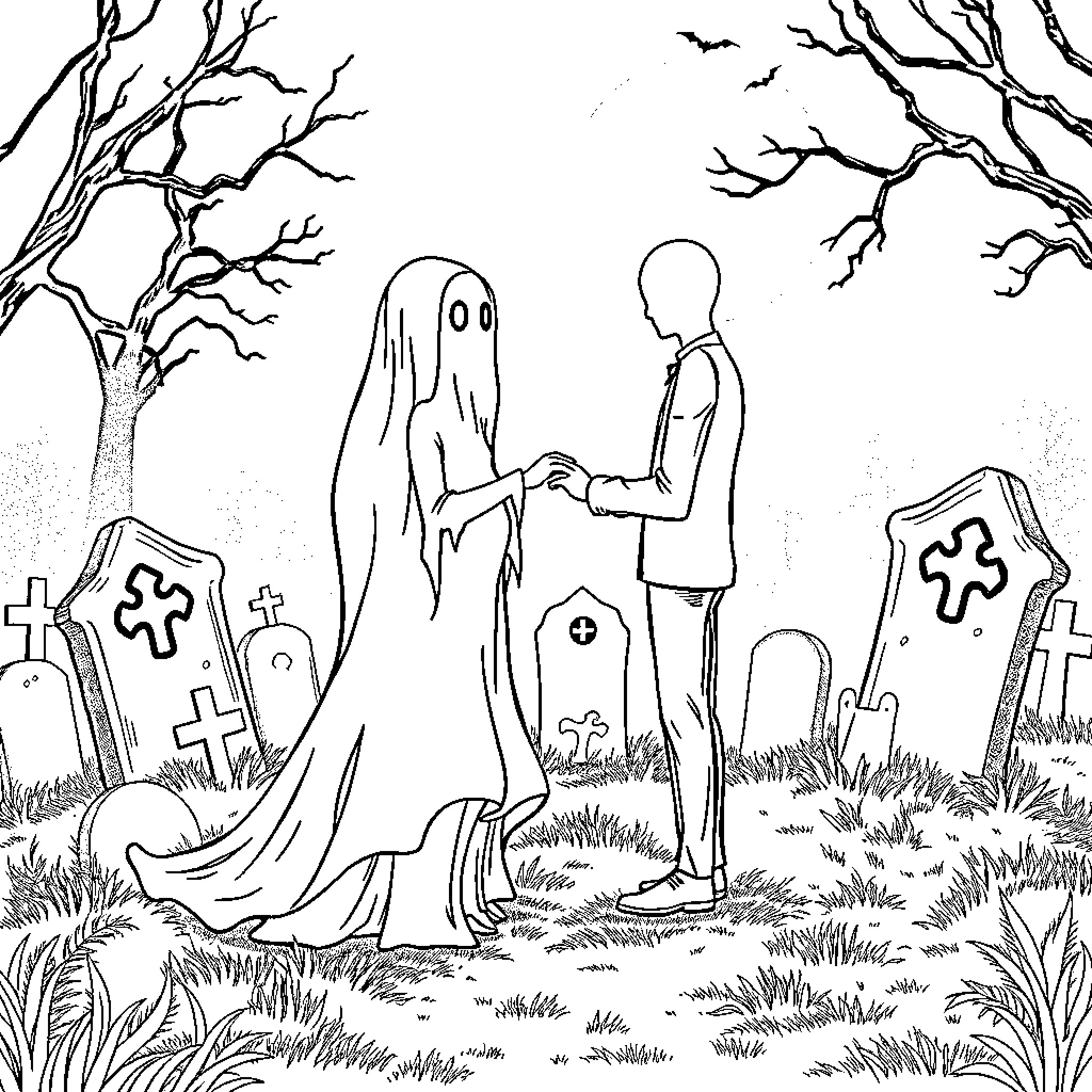 Ghost Couple in Haunted Graveyard Coloring Page (free black-and-white line drawing printable PDF for all, from beginners to advanced learners, including children, teens, adults, and seniors)