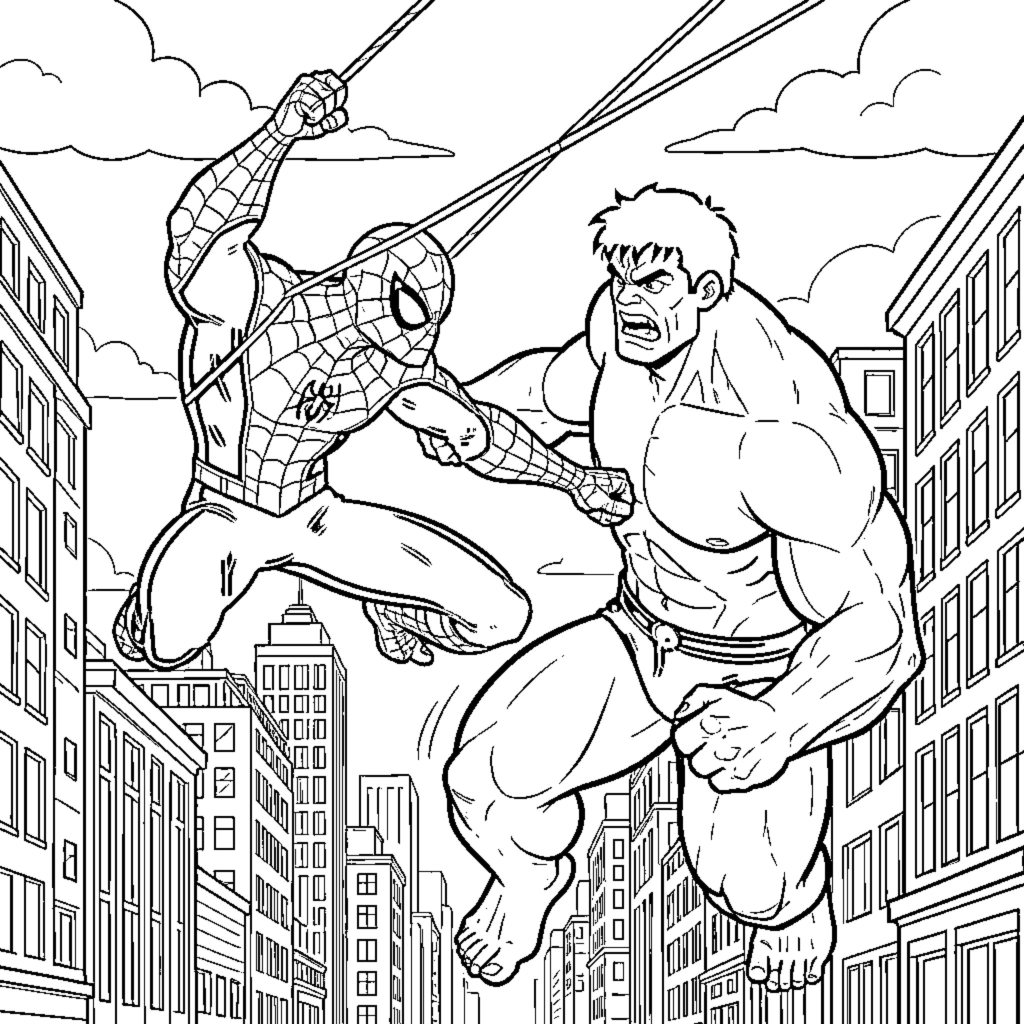 Spiderman battles a formidable foe in the city Coloring Page (free black-and-white line drawing printable PDF for all, from beginners to advanced learners, including children, teens, adults, and seniors)