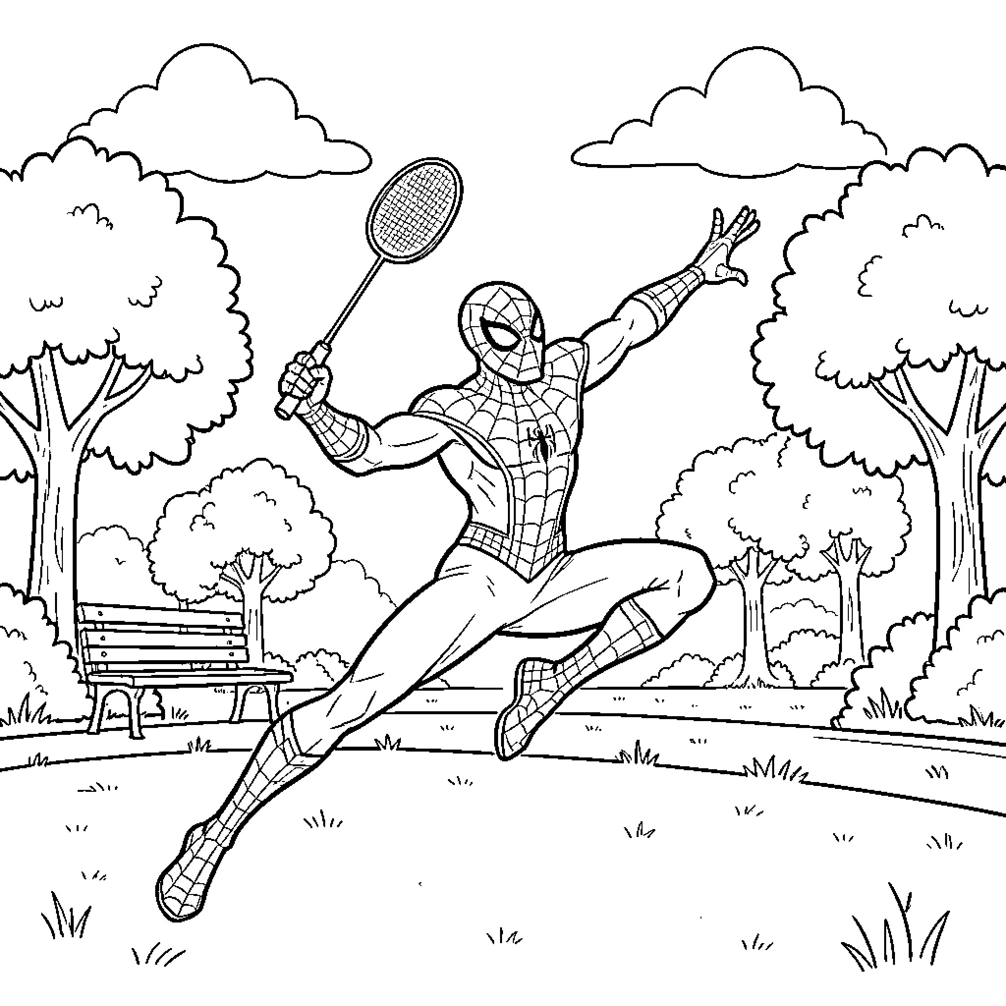 Spiderman swinging through the park with tennis racket Coloring Page (free black-and-white line drawing printable PDF for all, from beginners to advanced learners, including children, teens, adults, and seniors)