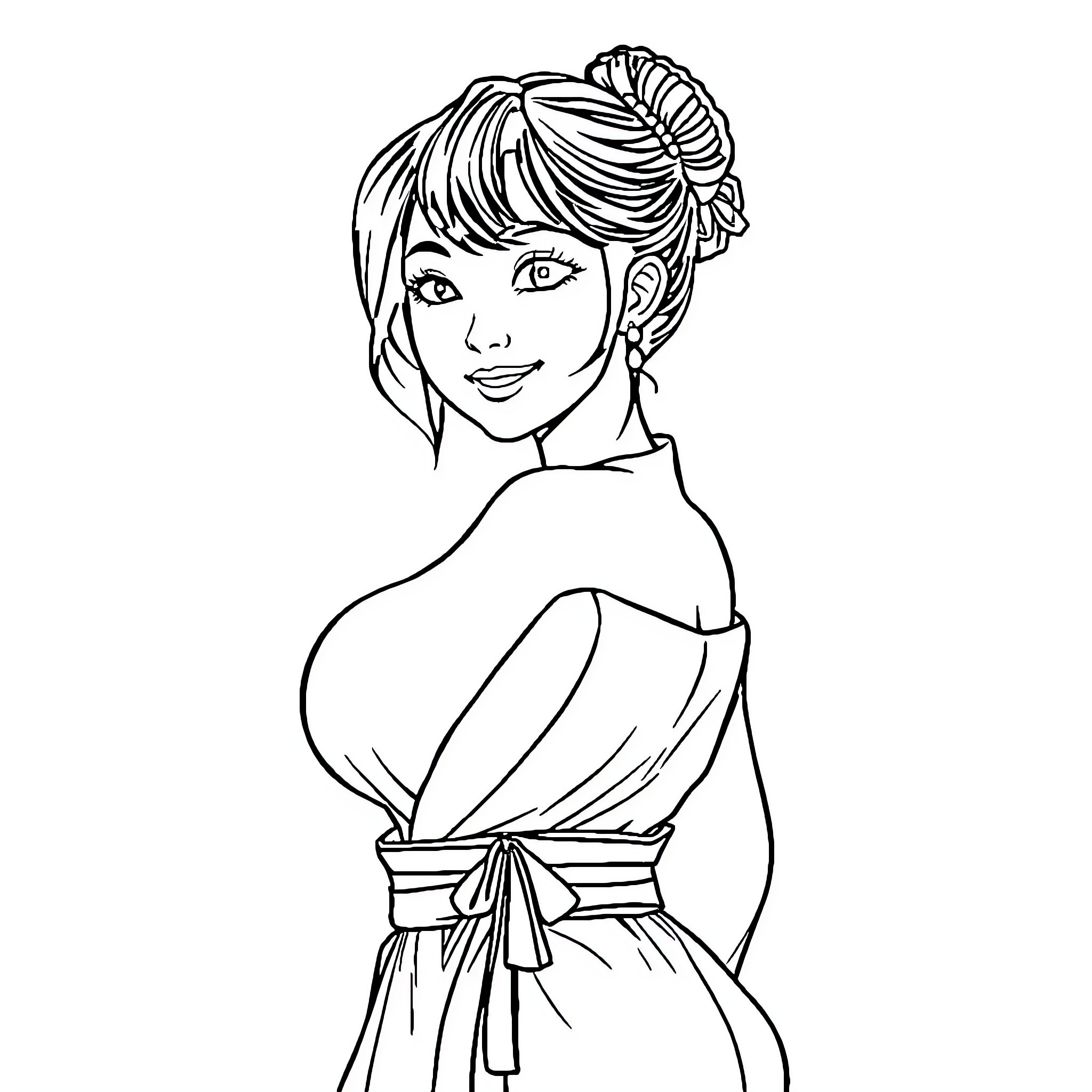 Japanese Woman in Traditional Attire Coloring Page (free black-and-white line drawing printable PDF for all, from beginners to advanced learners, including children, teens, adults, and seniors)