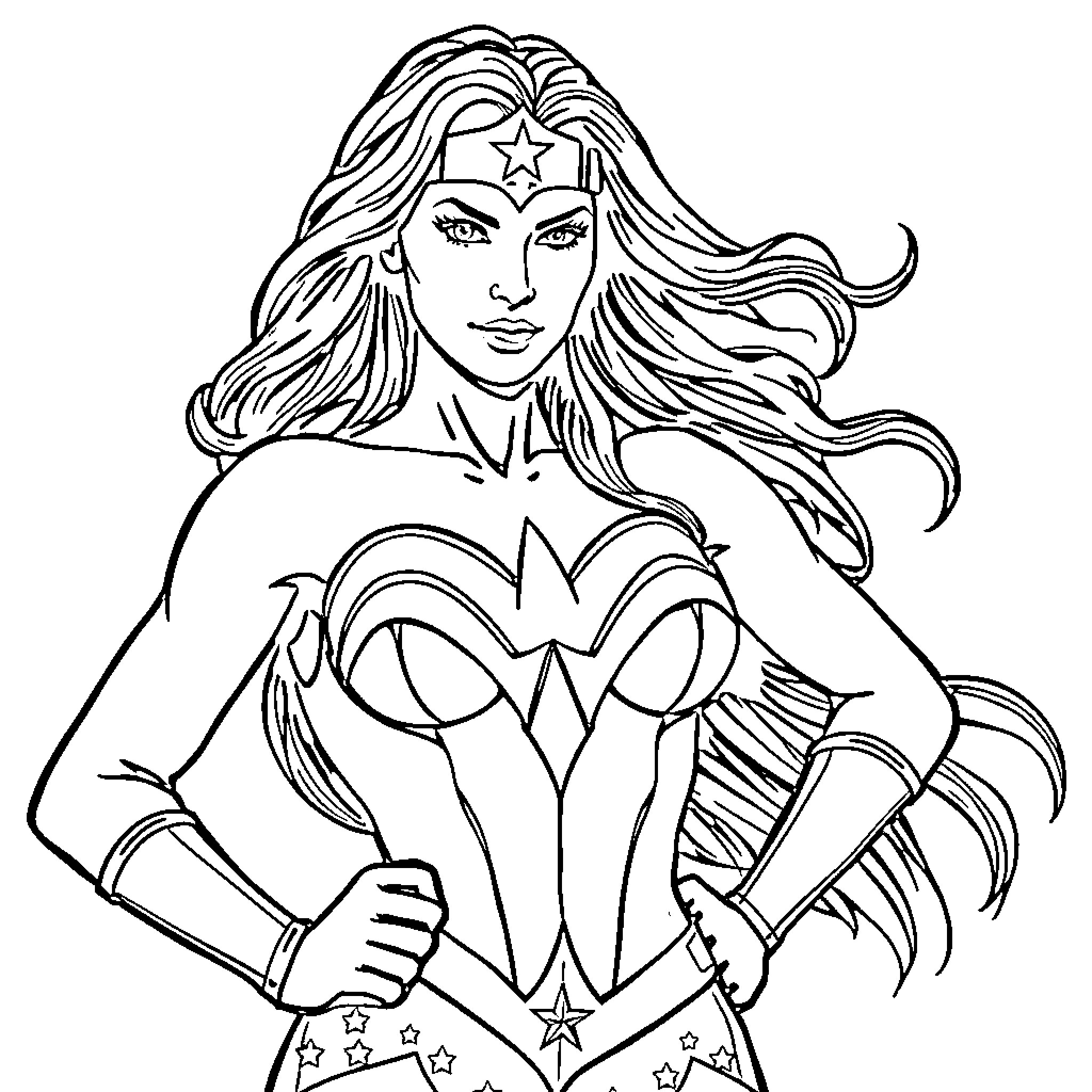 Wonder Woman posing in heroic stance Coloring Page (free black-and-white line drawing printable PDF for all, from beginners to advanced learners, including children, teens, adults, and seniors)