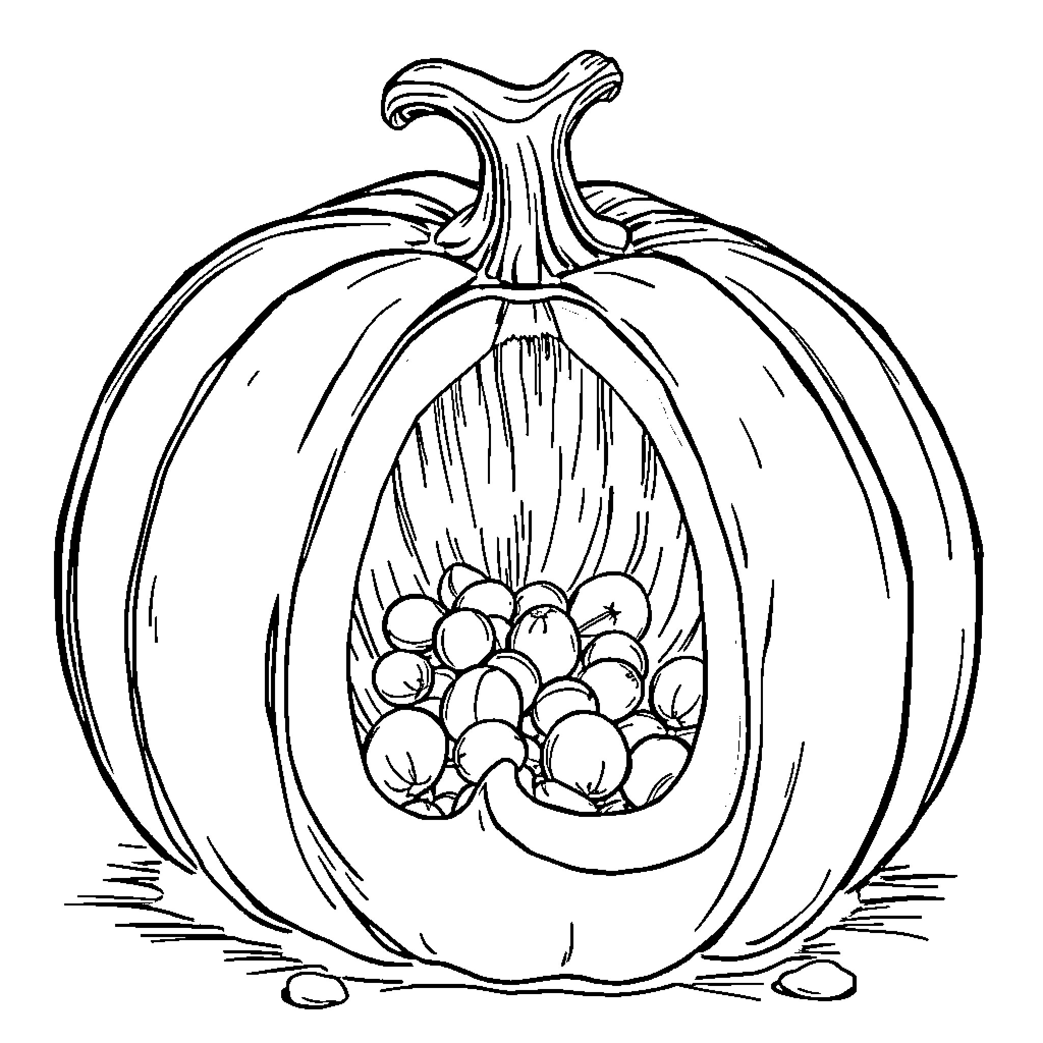 Pumpkin with carved interior and scattered seeds Coloring Page (free black-and-white line drawing printable PDF for all, from beginners to advanced learners, including children, teens, adults, and seniors)