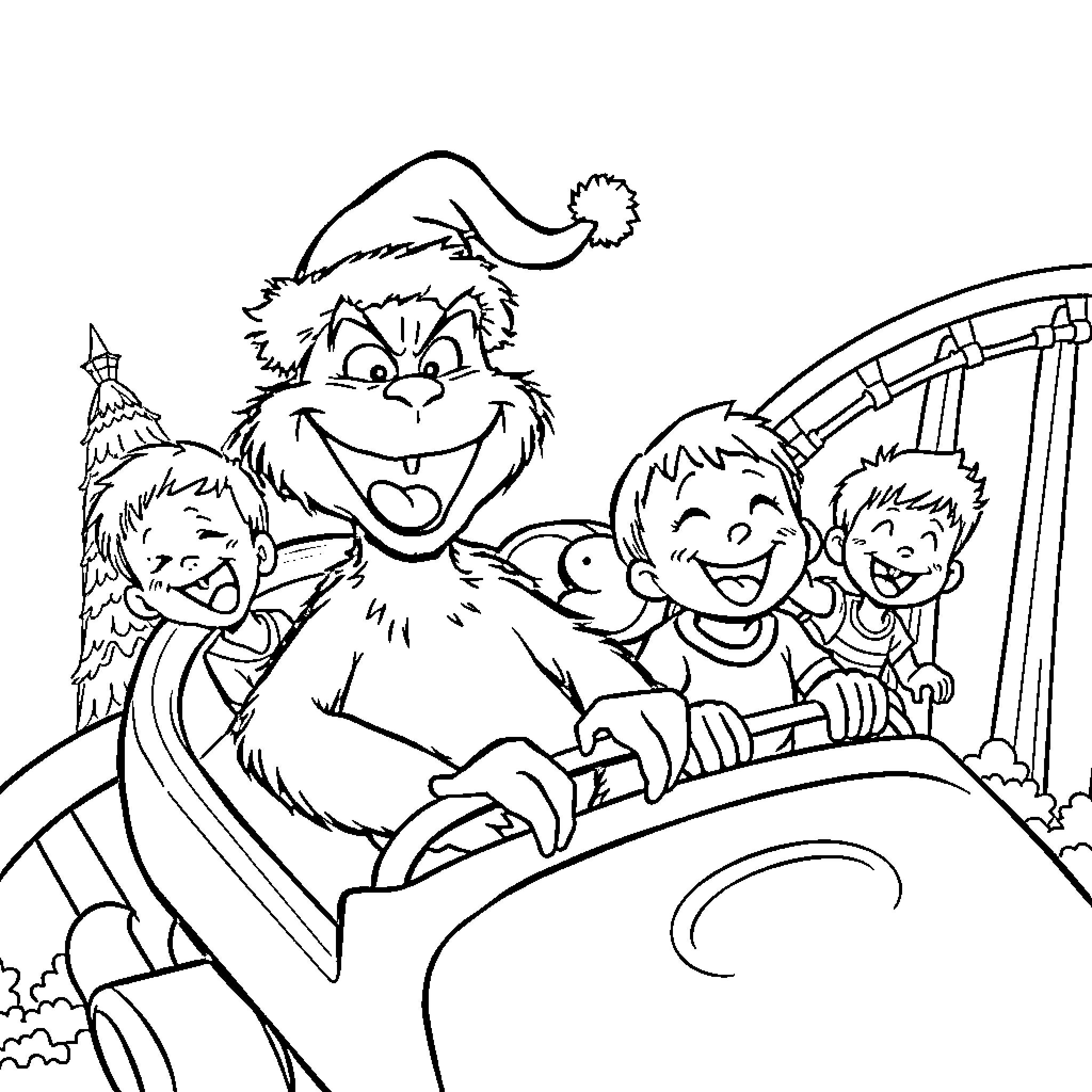 Grinch riding a roller coaster with children Coloring Page (free black-and-white line drawing printable PDF for all, from beginners to advanced learners, including children, teens, adults, and seniors)
