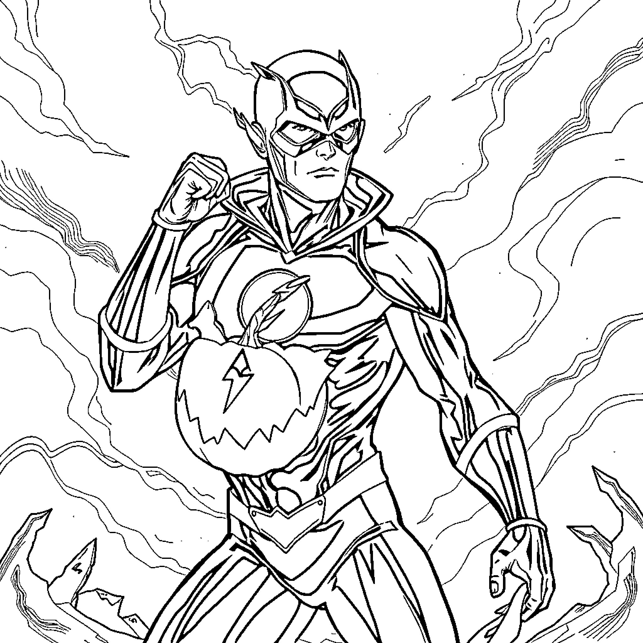 Flash Superhero in Action Pose with Lightning Coloring Page (free black-and-white line drawing printable PDF for all, from beginners to advanced learners, including children, teens, adults, and seniors)