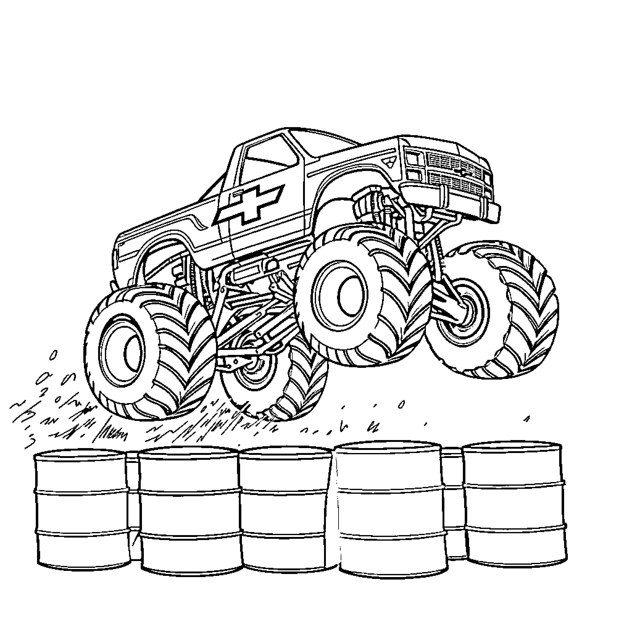 Monster Truck crushing through barrels on the track Coloring Page (free black-and-white line drawing printable PDF for all, from beginners to advanced learners, including children, teens, adults, and seniors)
