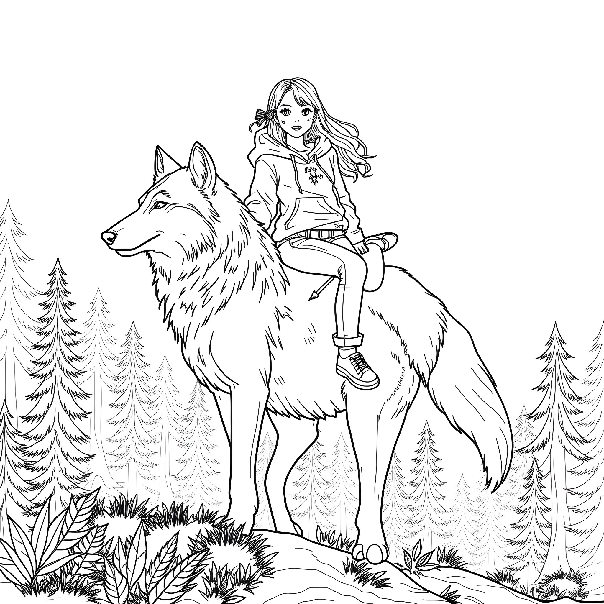 Teen Girl Riding a Majestic Wolf in the Forest Coloring Page (free black-and-white line drawing printable PDF for all, from beginners to advanced learners, including children, teens, adults, and seniors)