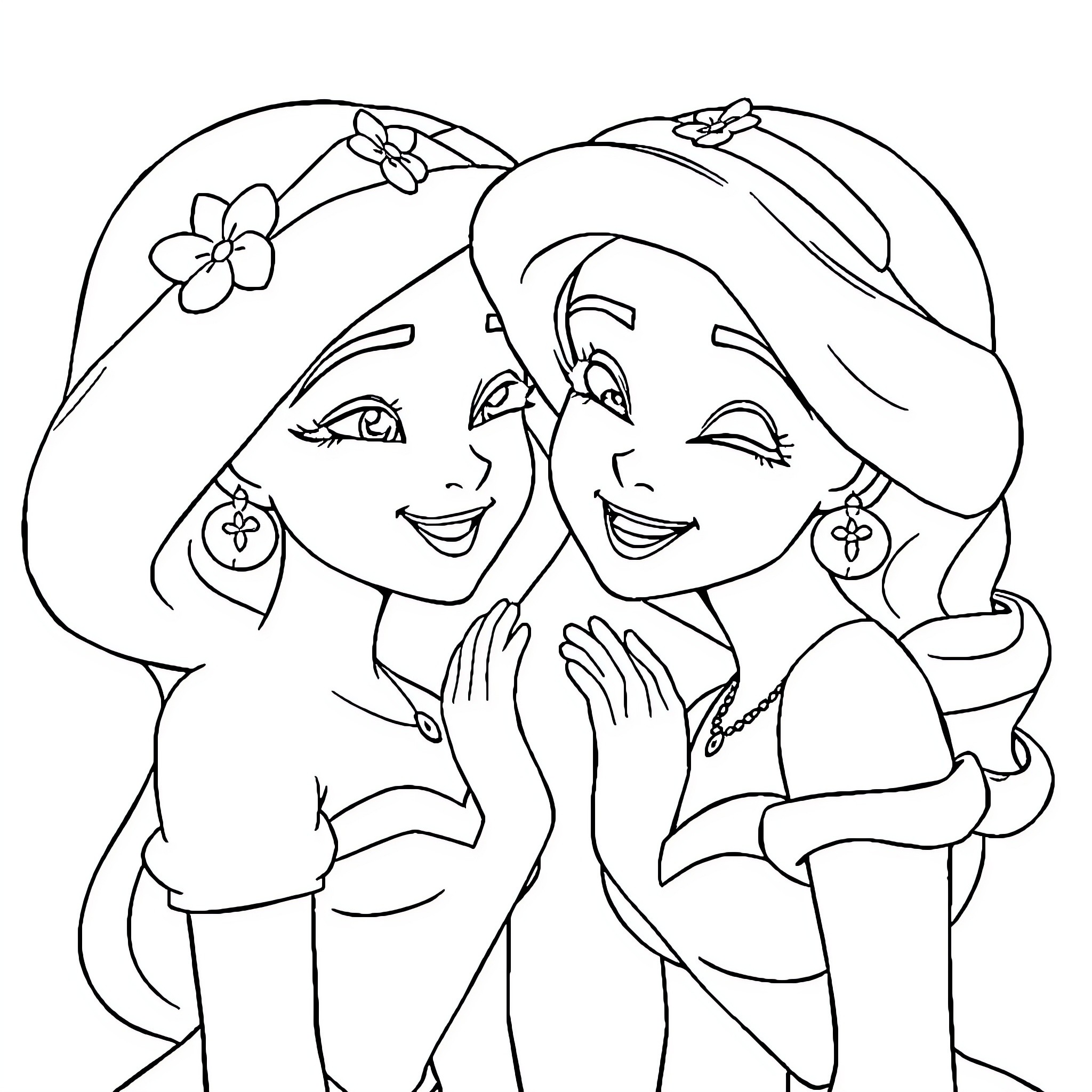 Jasmine and Aladdin embracing with joy Coloring Page (free black-and-white line drawing printable PDF for all, from beginners to advanced learners, including children, teens, adults, and seniors)
