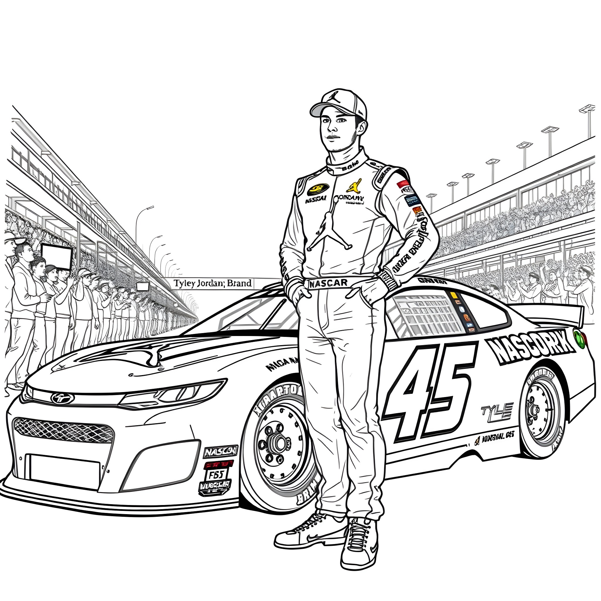 Tyler Reddick standing confidently beside his race car Coloring Page (free black-and-white line drawing printable PDF for all, from beginners to advanced learners, including children, teens, adults, and seniors)