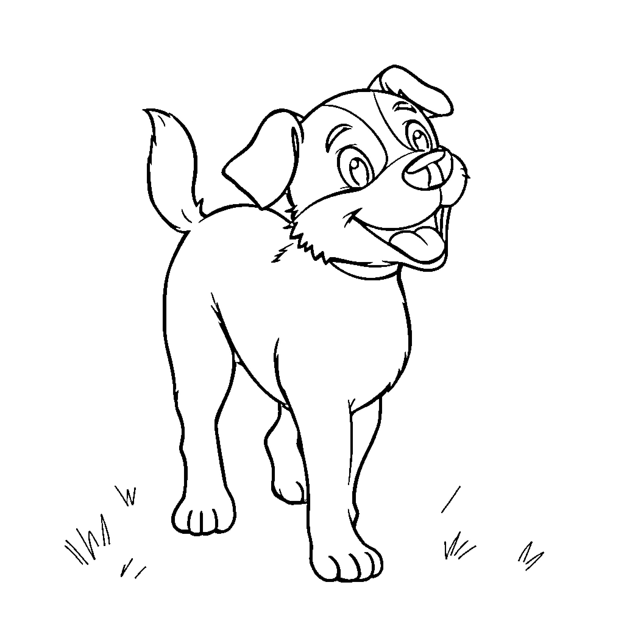 Dog standing happily on grass Coloring Page (free black-and-white line drawing printable PDF for all, from beginners to advanced learners, including children, teens, adults, and seniors)