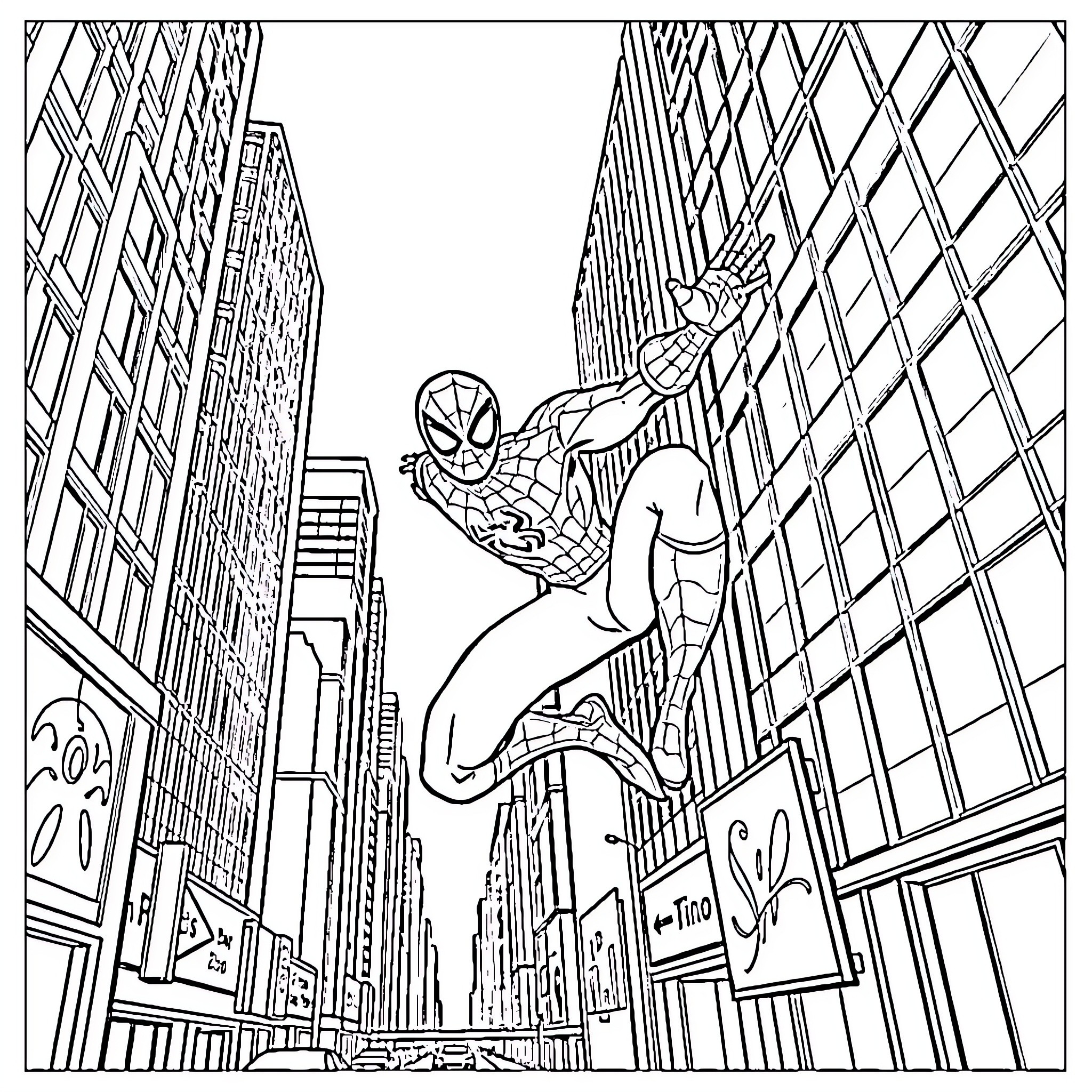 Spiderman swinging through the city skyline Coloring Page (free black-and-white line drawing printable PDF for all, from beginners to advanced learners, including children, teens, adults, and seniors)