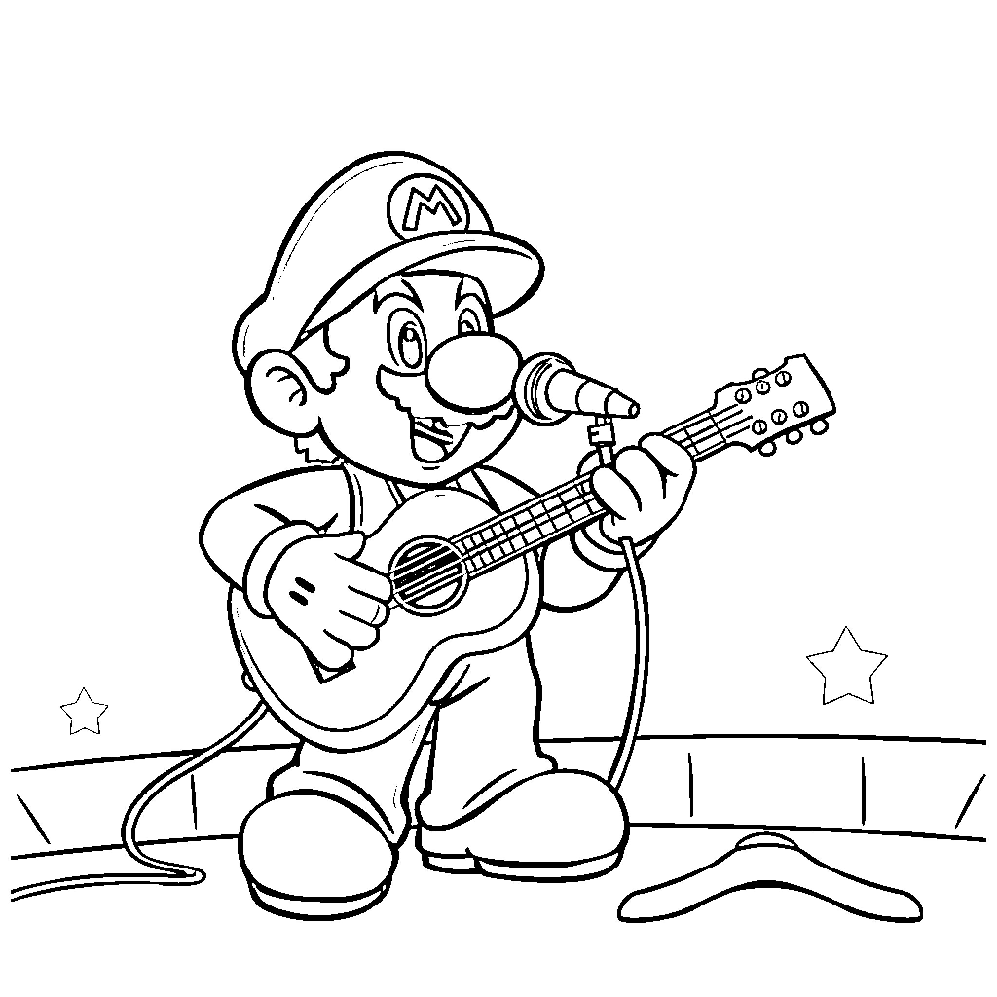 Super Mario Plays Guitar on Stage Coloring Page (free black-and-white line drawing printable PDF for all, from beginners to advanced learners, including children, teens, adults, and seniors)