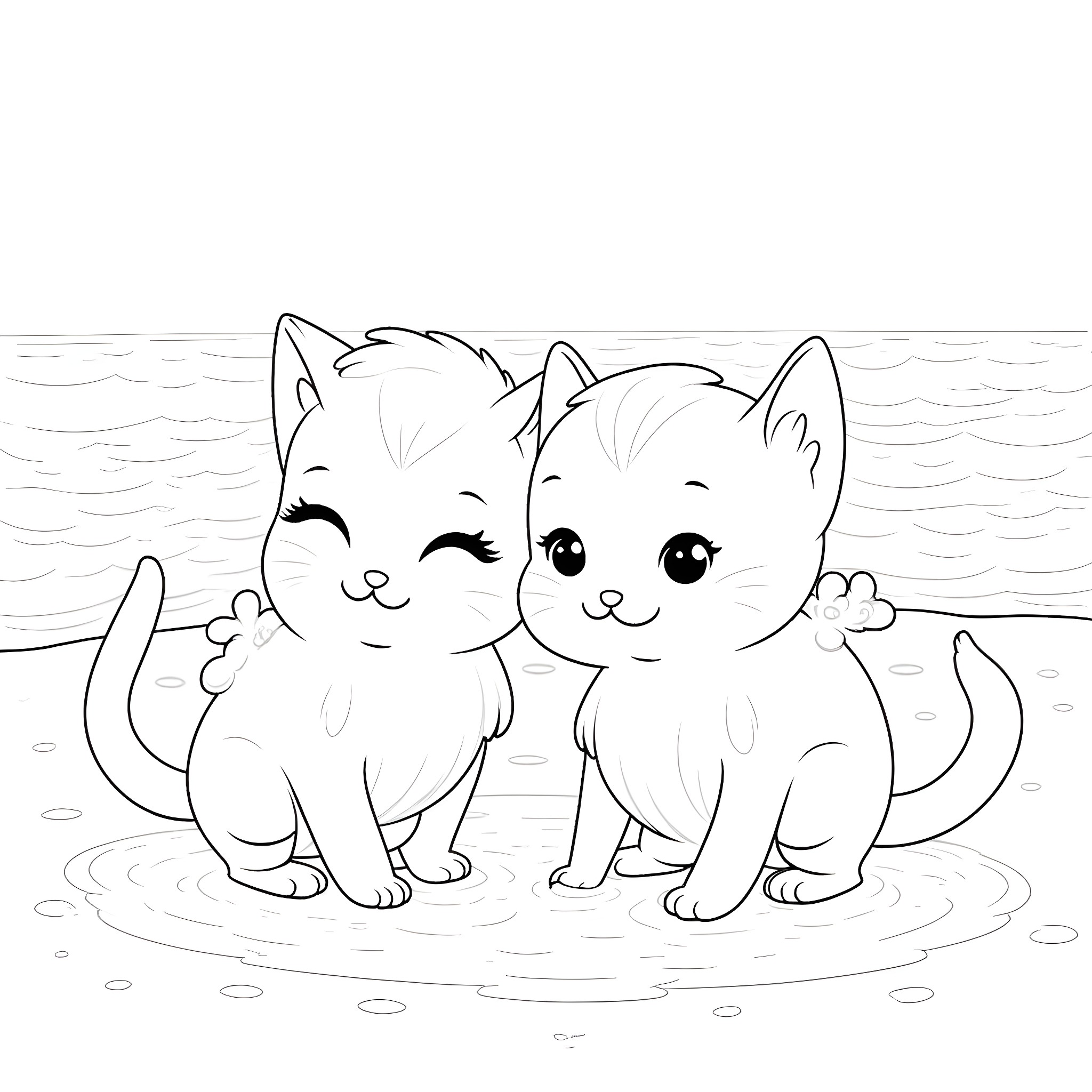 Superkitty duo playing and splashing in puddle Coloring Page (free black-and-white line drawing printable PDF for all, from beginners to advanced learners, including children, teens, adults, and seniors)