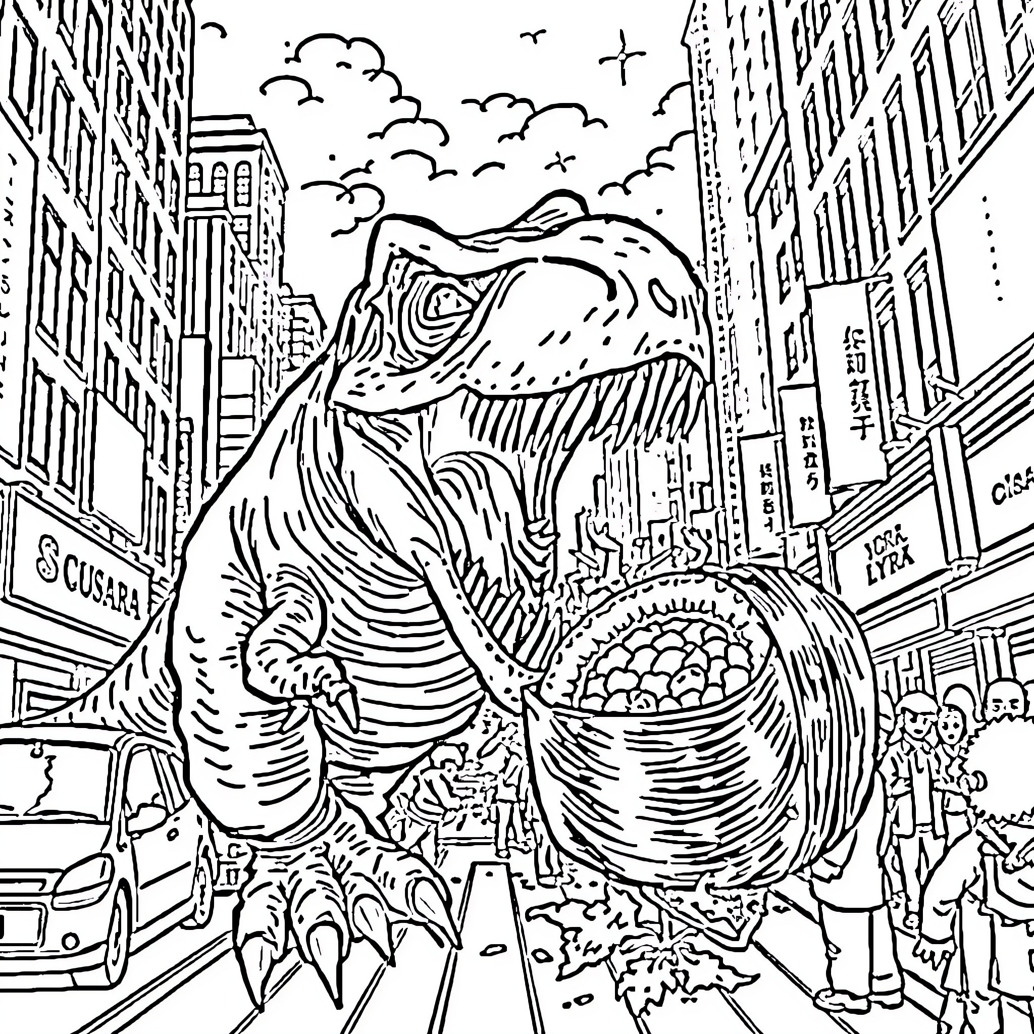 T-Rex Stomping Through the City Streets Coloring Page (free black-and-white line drawing printable PDF for all, from beginners to advanced learners, including children, teens, adults, and seniors)