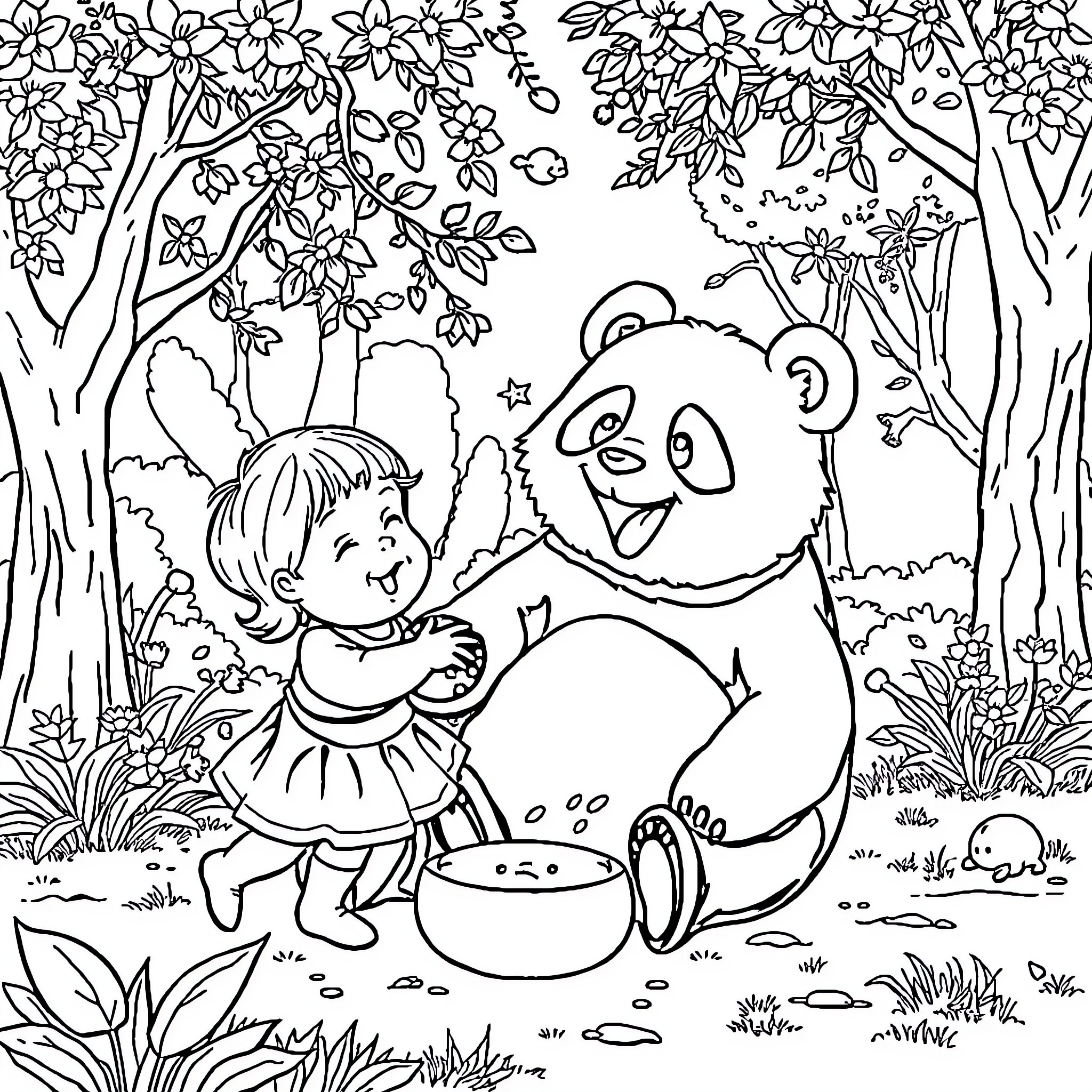 Panda and child exploring nature together Coloring Page (free black-and-white line drawing printable PDF for all, from beginners to advanced learners, including children, teens, adults, and seniors)