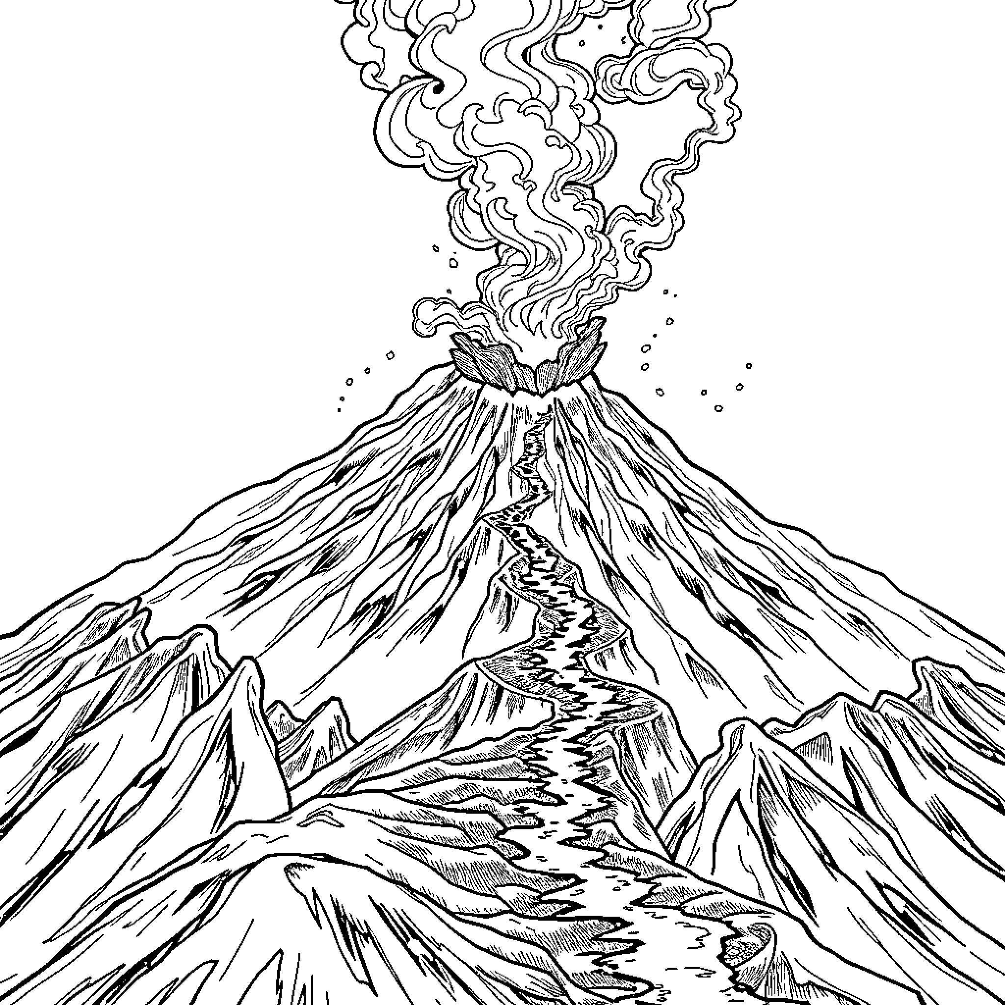 Earthworm erupting from majestic volcanic landscape Coloring Page (free black-and-white line drawing printable PDF for all, from beginners to advanced learners, including children, teens, adults, and seniors)