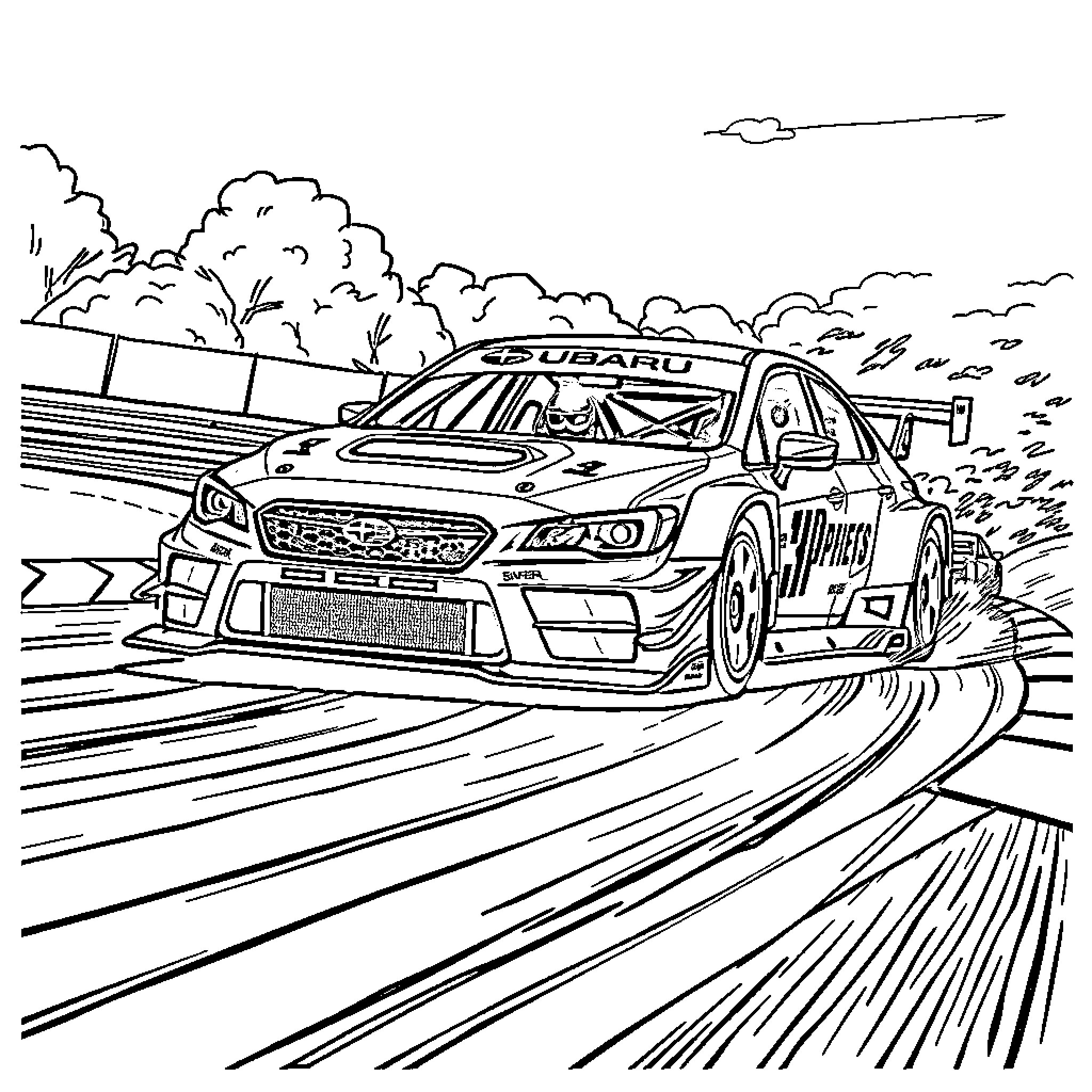 Subaru racing car speeding on winding road Coloring Page (free black-and-white line drawing printable PDF for all, from beginners to advanced learners, including children, teens, adults, and seniors)