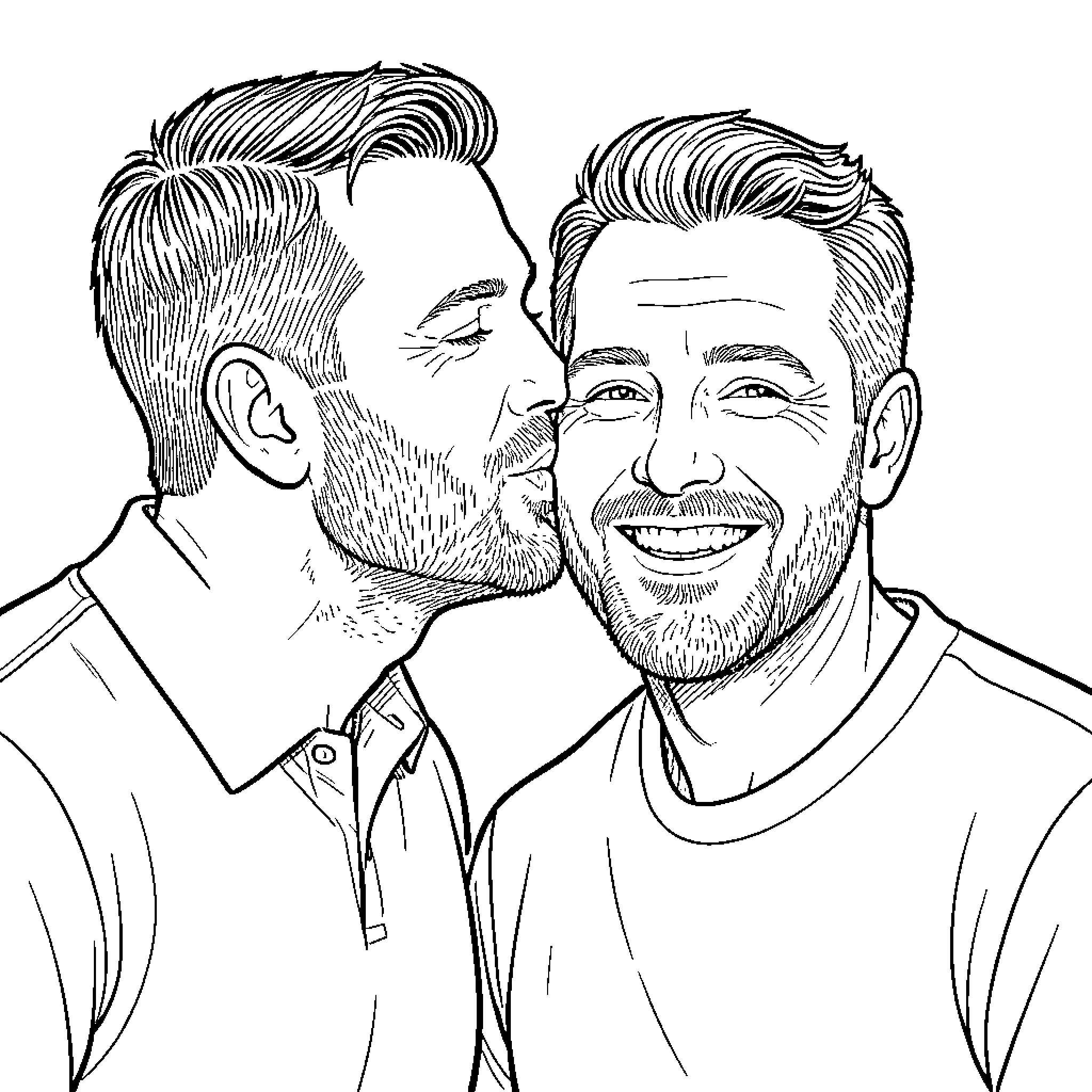Tom Brady Posing with Teammate in Casual Attire Coloring Page (free black-and-white line drawing printable PDF for all, from beginners to advanced learners, including children, teens, adults, and seniors)