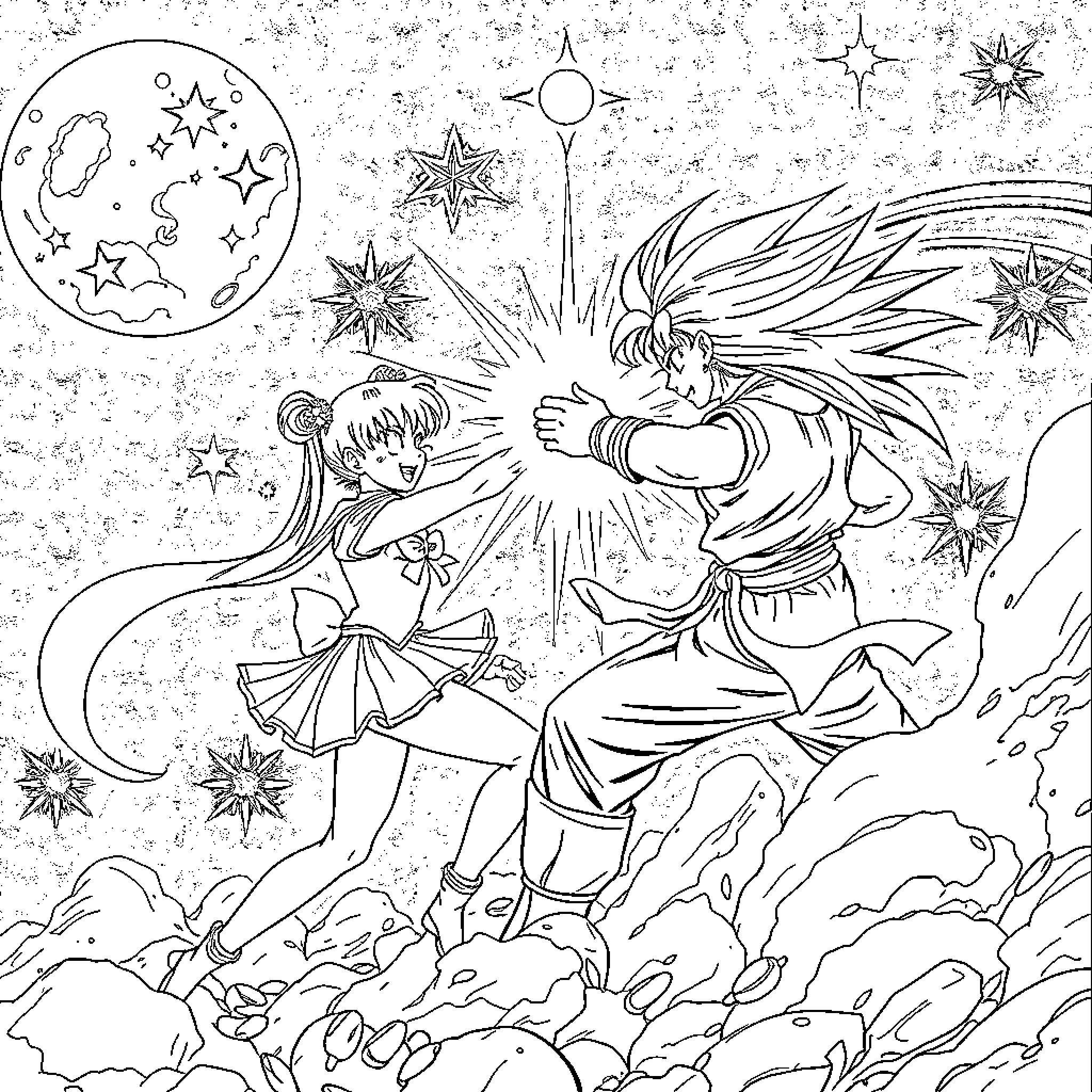 Sailor Moon: Heroic Defenders Battling in Cosmic Splendor Coloring Page (free black-and-white line drawing printable PDF for all, from beginners to advanced learners, including children, teens, adults, and seniors)