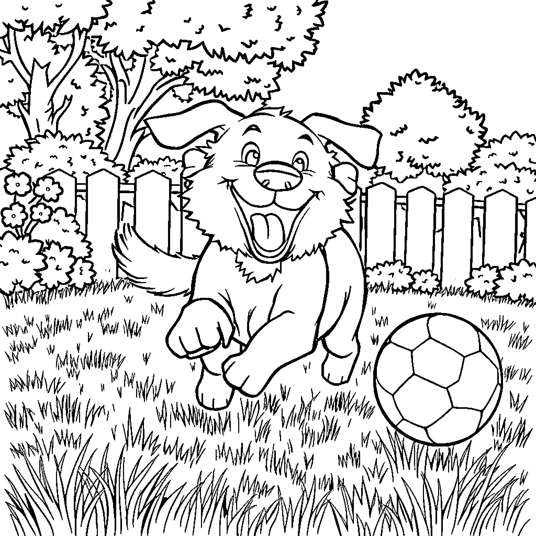 Dog playing happily with soccer ball in the park Coloring Page (free black-and-white line drawing printable PDF for all, from beginners to advanced learners, including children, teens, adults, and seniors)
