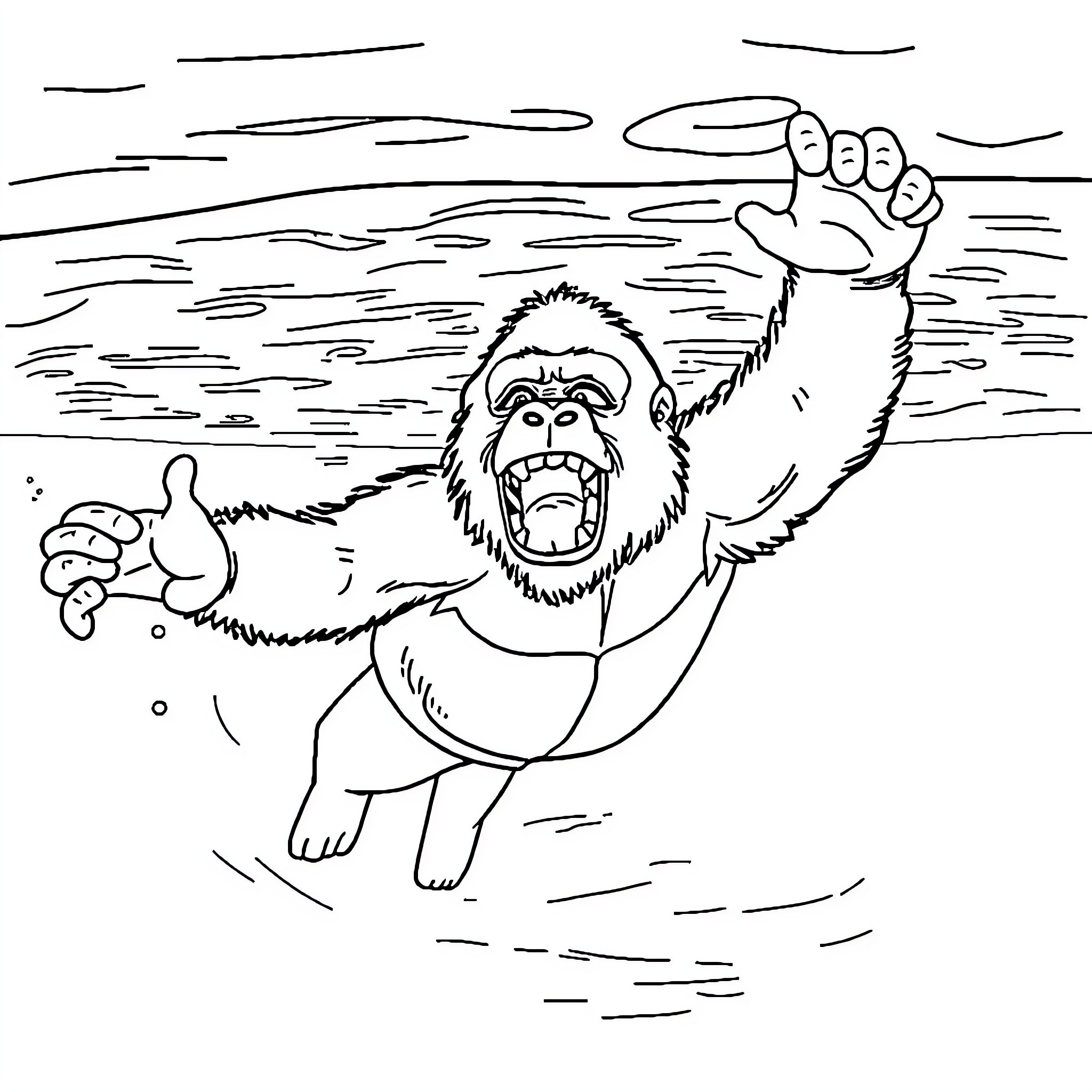Gorilla stomping through the waves Coloring Page (free black-and-white line drawing printable PDF for all, from beginners to advanced learners, including children, teens, adults, and seniors)