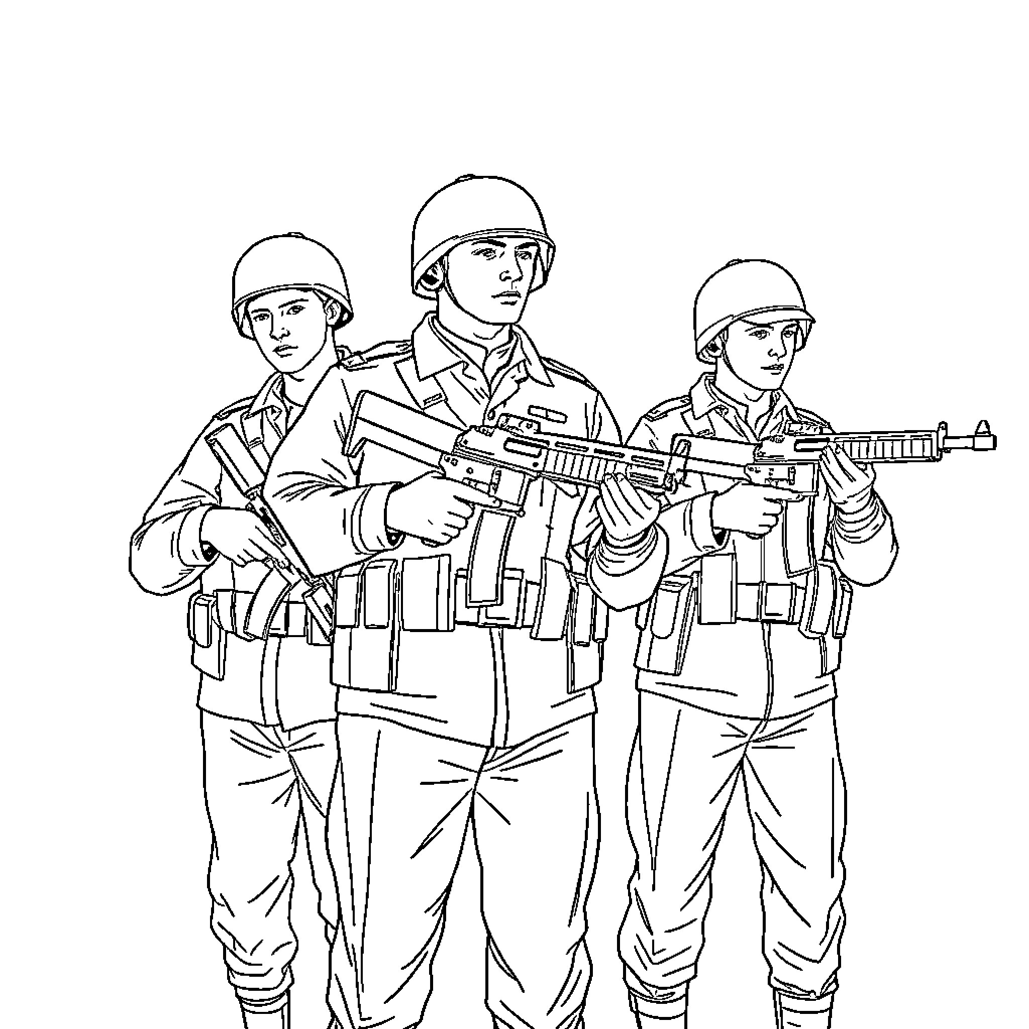 Soldier squad with assault rifles on duty Coloring Page (free black-and-white line drawing printable PDF for all, from beginners to advanced learners, including children, teens, adults, and seniors)