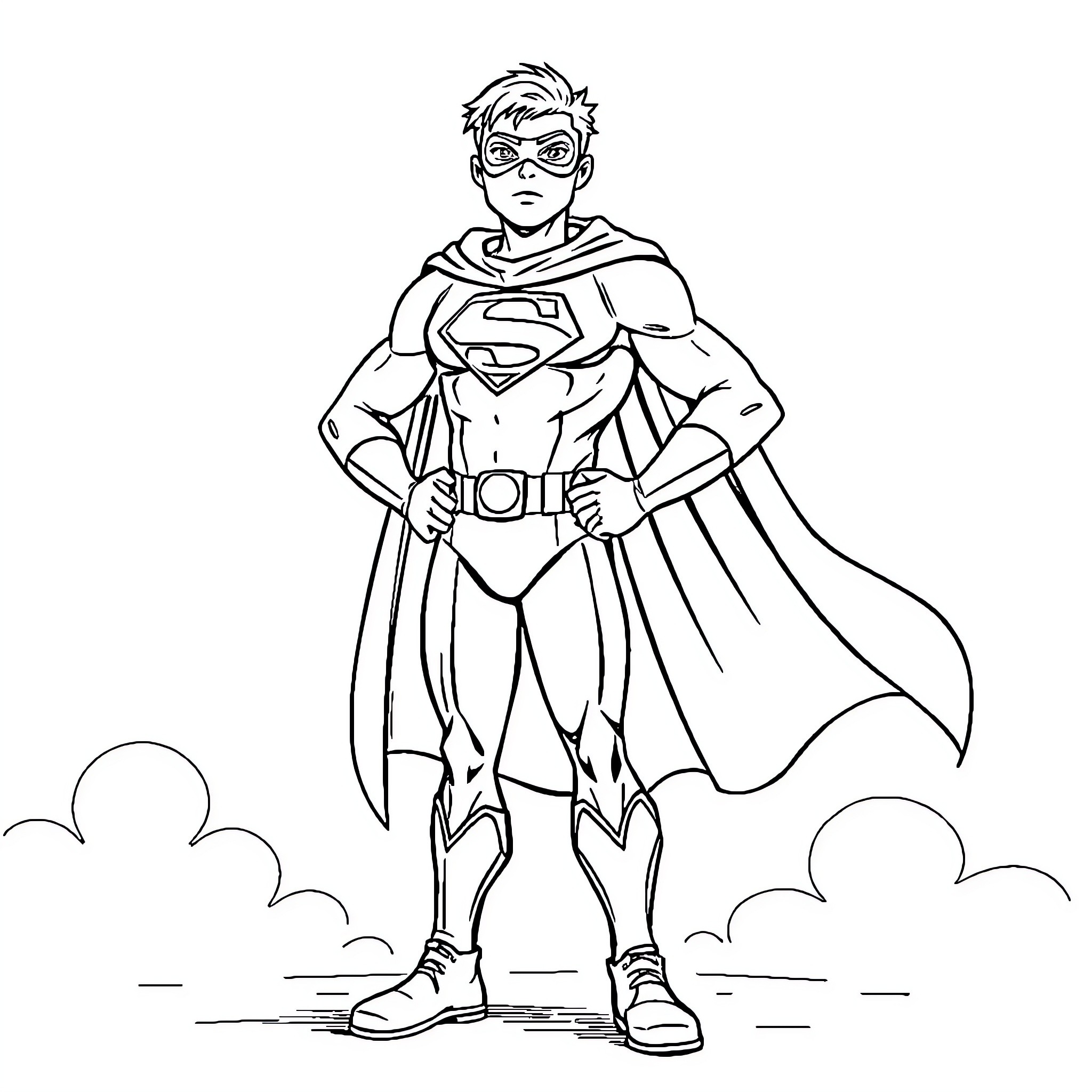 Superhero in iconic pose against cloudy sky Coloring Page (free black-and-white line drawing printable PDF for all, from beginners to advanced learners, including children, teens, adults, and seniors)
