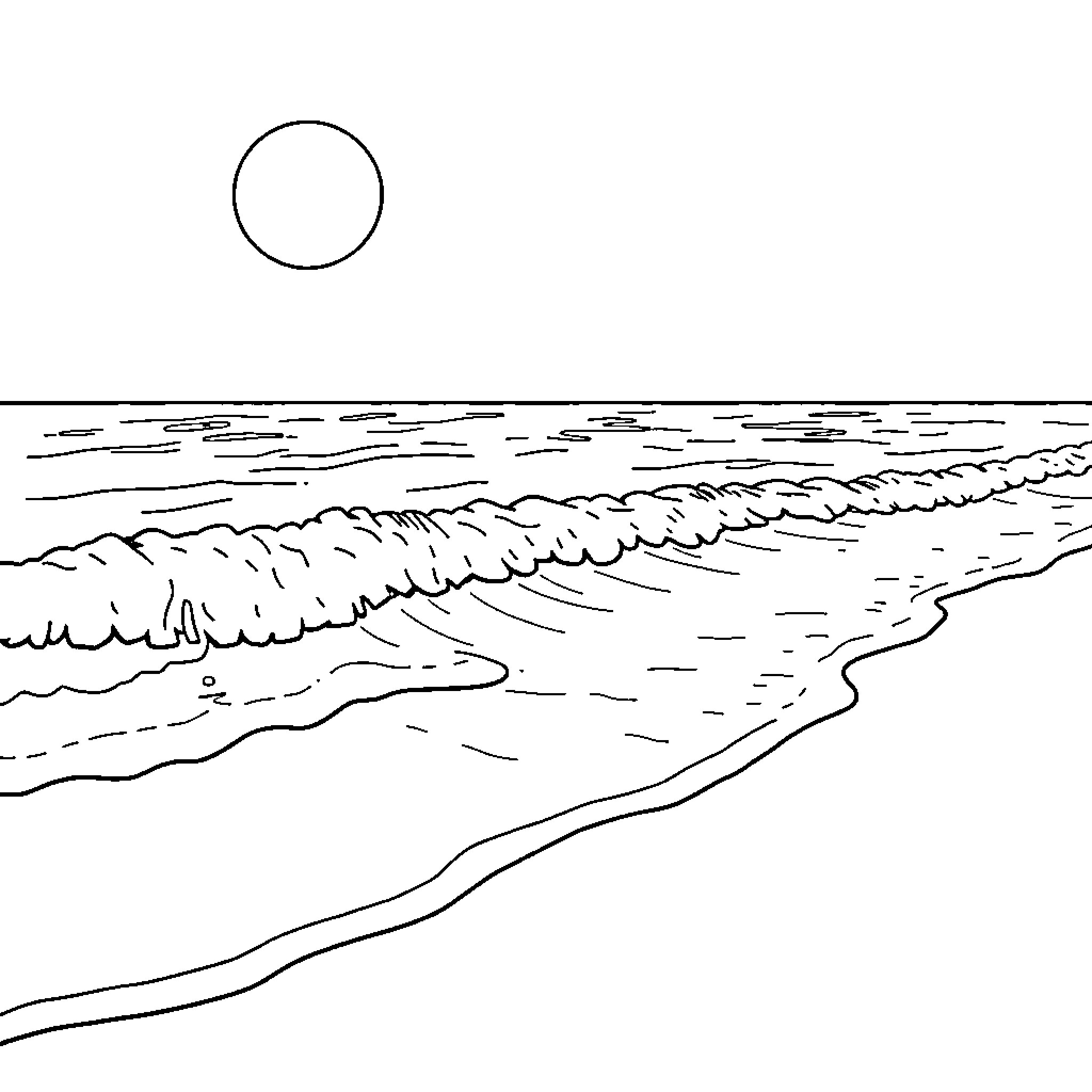 Wave crashing on the shore at sunset Coloring Page (free black-and-white line drawing printable PDF for all, from beginners to advanced learners, including children, teens, adults, and seniors)
