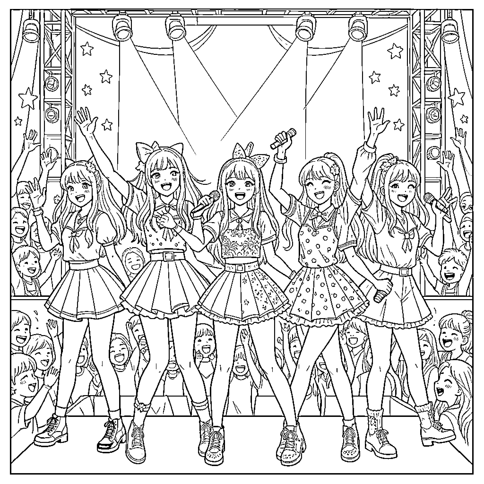 Kpop Girl Group Performing on Stage with Excited Fans Coloring Page (free black-and-white line drawing printable PDF for all, from beginners to advanced learners, including children, teens, adults, and seniors)