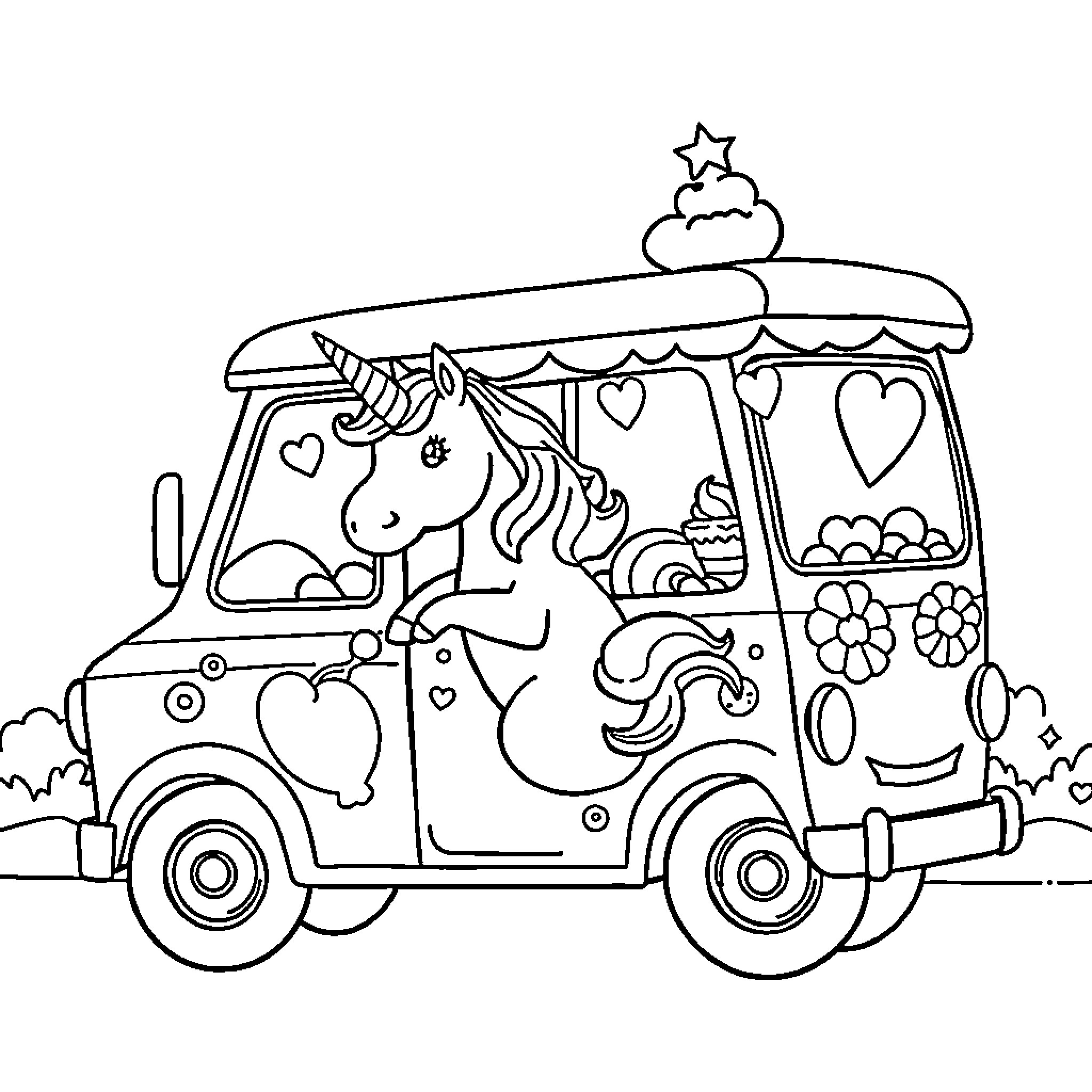 Unicorn Riding a Whimsical Flower-Decorated Vehicle Coloring Page (free black-and-white line drawing printable PDF for all, from beginners to advanced learners, including children, teens, adults, and seniors)