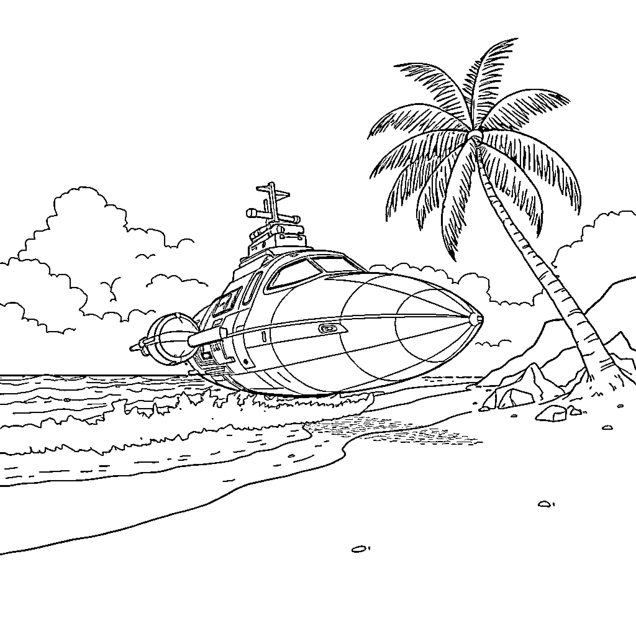 Rocinante's Aquatic Voyage to Tropical Shores Coloring Page (free black-and-white line drawing printable PDF for all, from beginners to advanced learners, including children, teens, adults, and seniors)