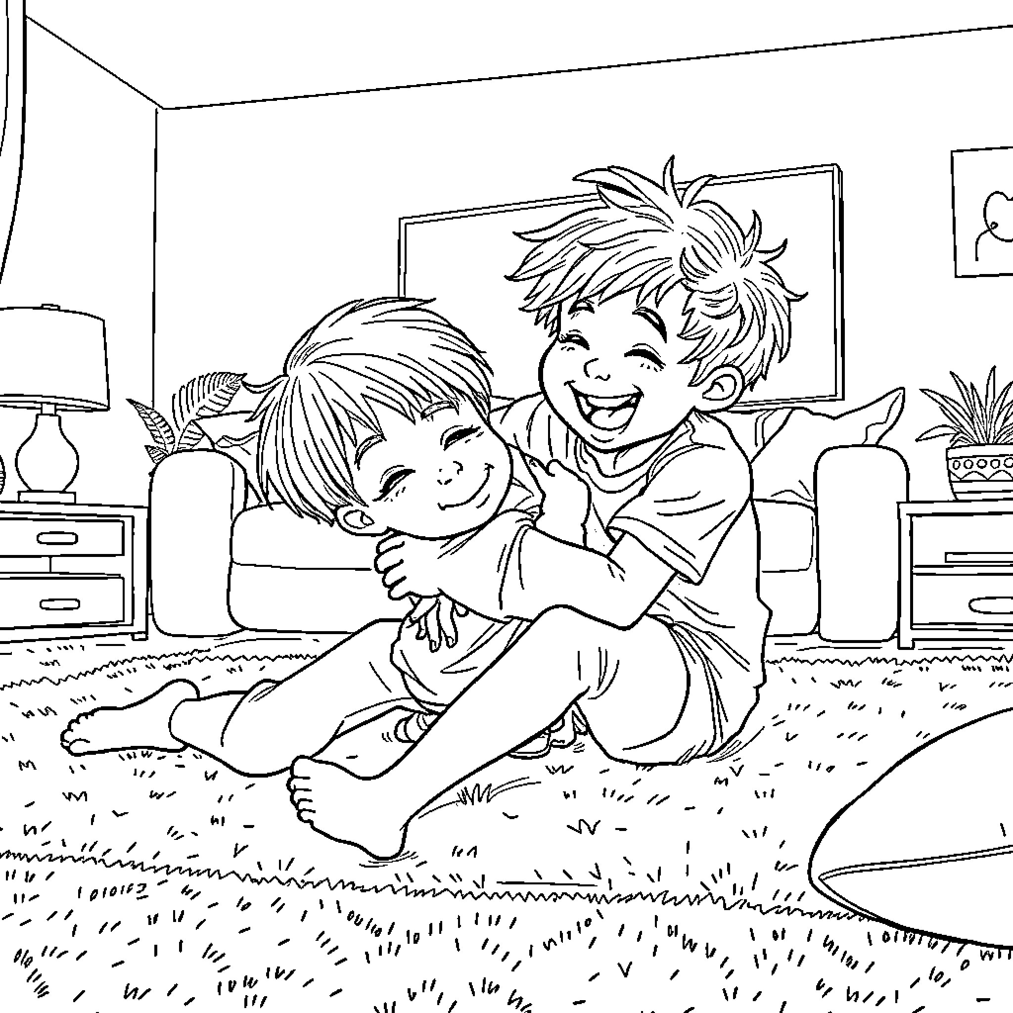 Brother's Joyful Playtime at Home Coloring Page (free black-and-white line drawing printable PDF for all, from beginners to advanced learners, including children, teens, adults, and seniors)