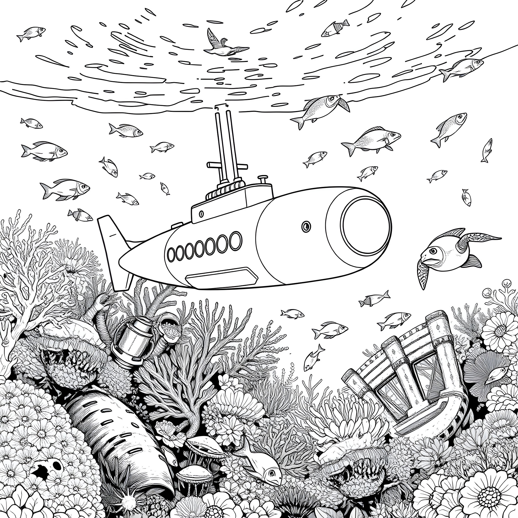 Submarine exploring the vibrant underwater world Coloring Page (free black-and-white line drawing printable PDF for all, from beginners to advanced learners, including children, teens, adults, and seniors)