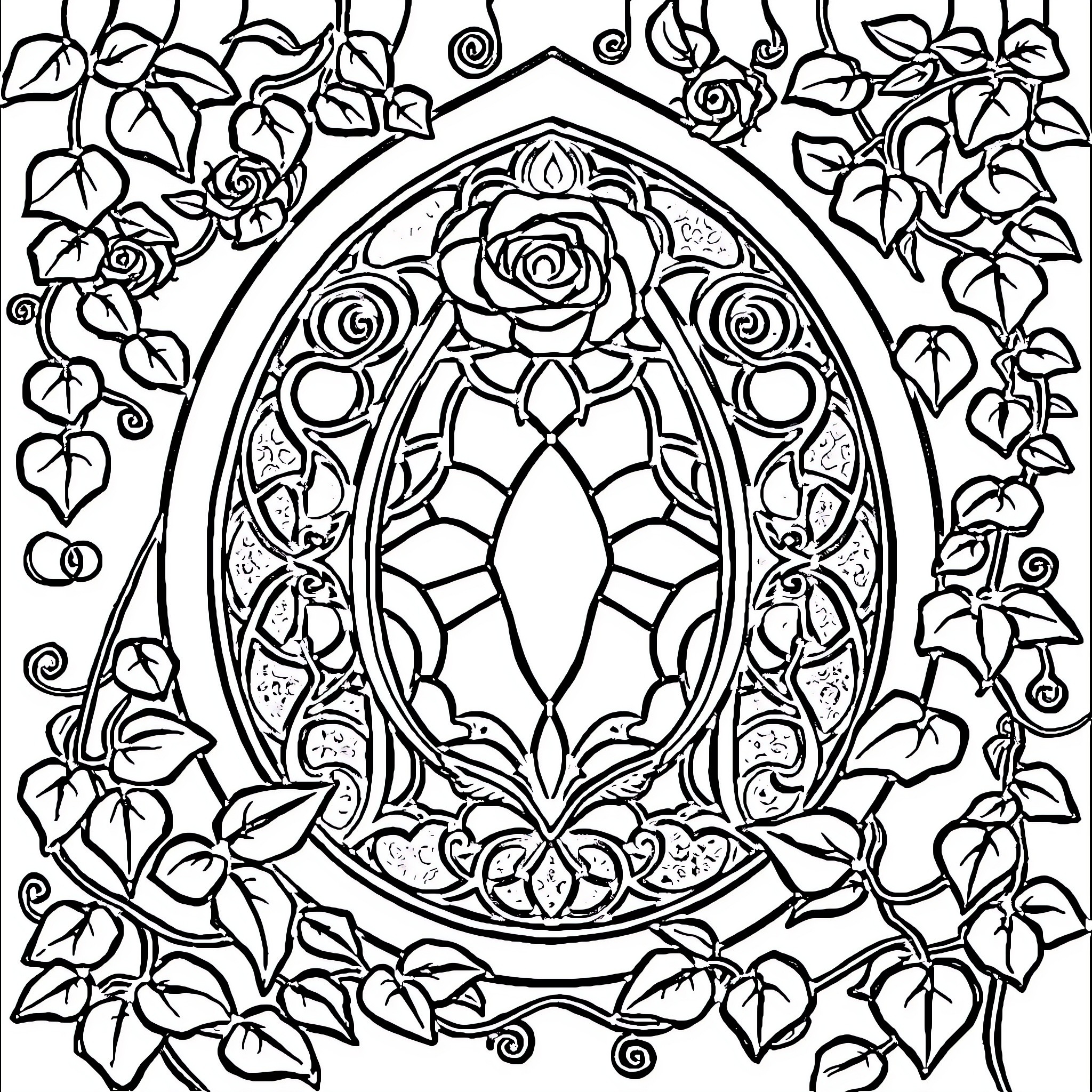 Rose-inspired Ornate Stained Glass Design Coloring Page (free black-and-white line drawing printable PDF for all, from beginners to advanced learners, including children, teens, adults, and seniors)