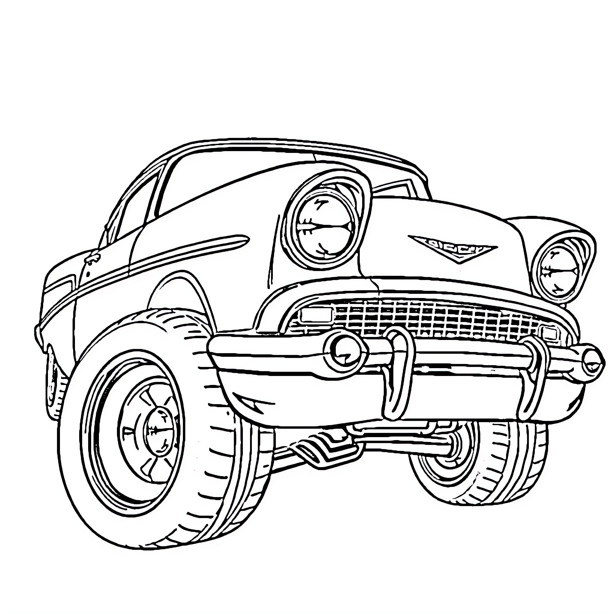 Chevy classic car with bold design Coloring Page (free black-and-white line drawing printable PDF for all, from beginners to advanced learners, including children, teens, adults, and seniors)
