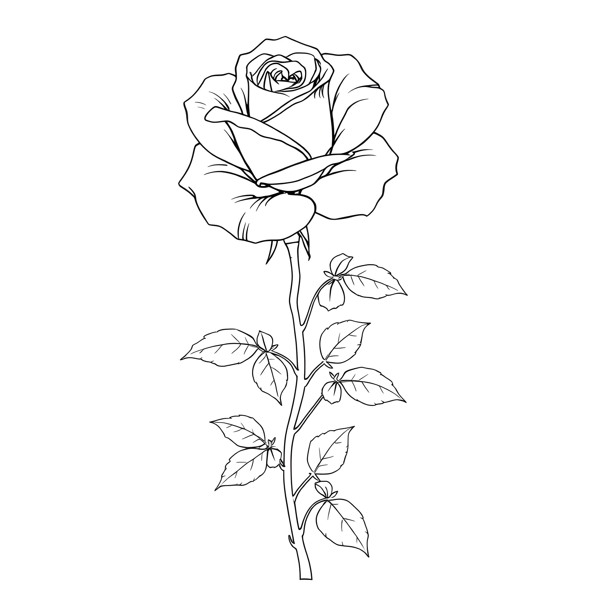 Rose in Bloom Coloring Page (free black-and-white line drawing printable PDF for all, from beginners to advanced learners, including children, teens, adults, and seniors)