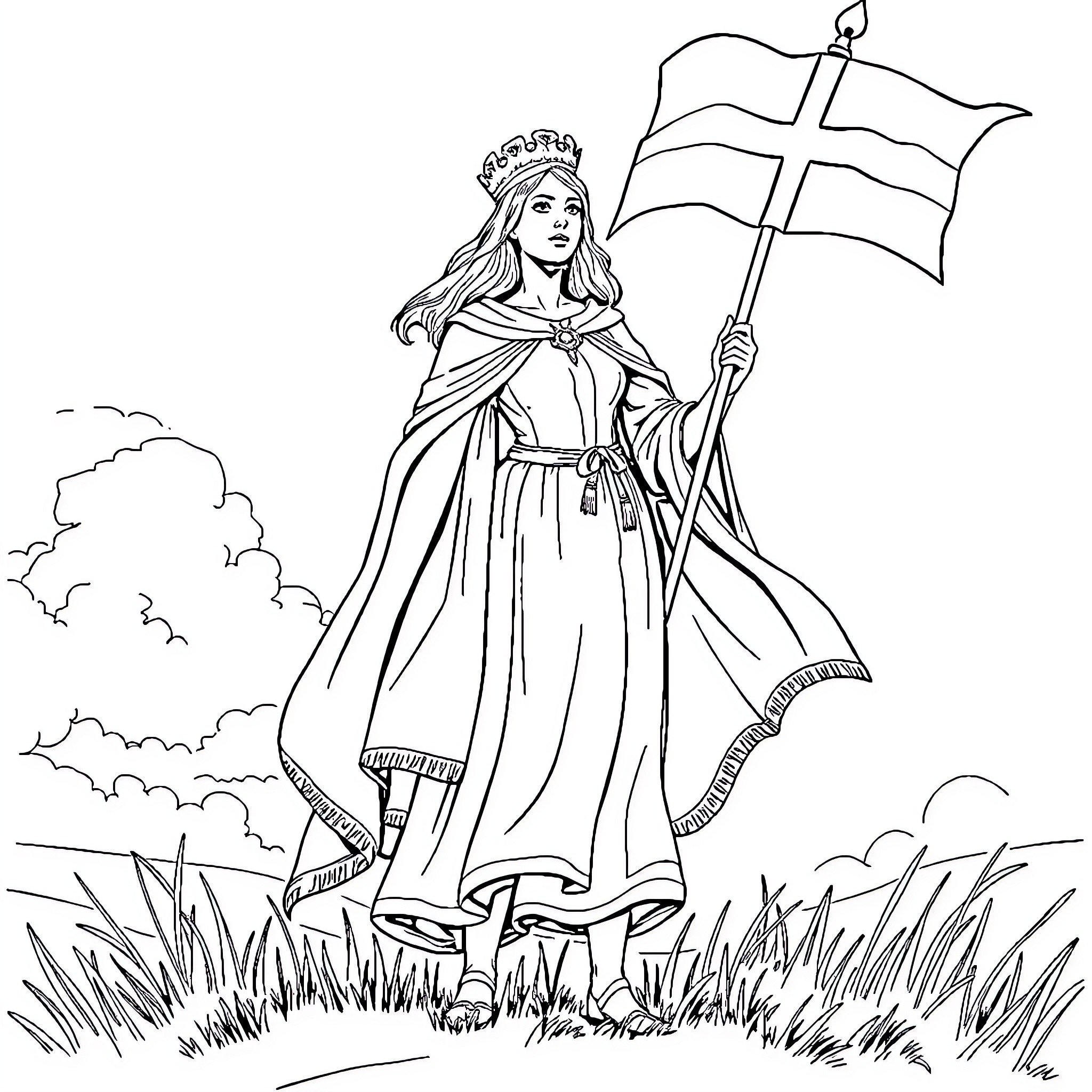 Jeanne d Arc Carrying Flag in Inspiring Pose Coloring Page (free black-and-white line drawing printable PDF for all, from beginners to advanced learners, including children, teens, adults, and seniors)
