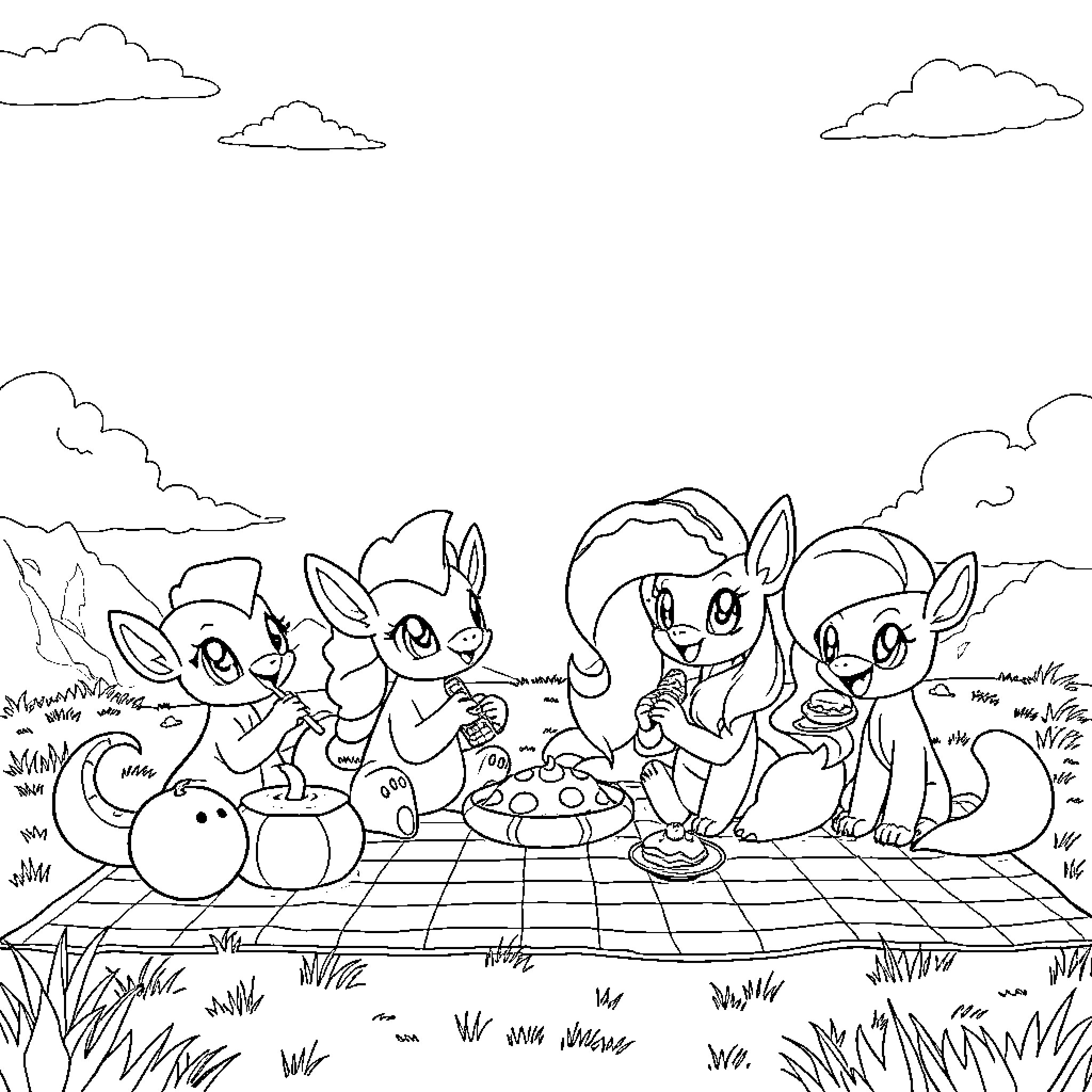 Neopet characters enjoying a picnic outdoors Coloring Page (free black-and-white line drawing printable PDF for all, from beginners to advanced learners, including children, teens, adults, and seniors)