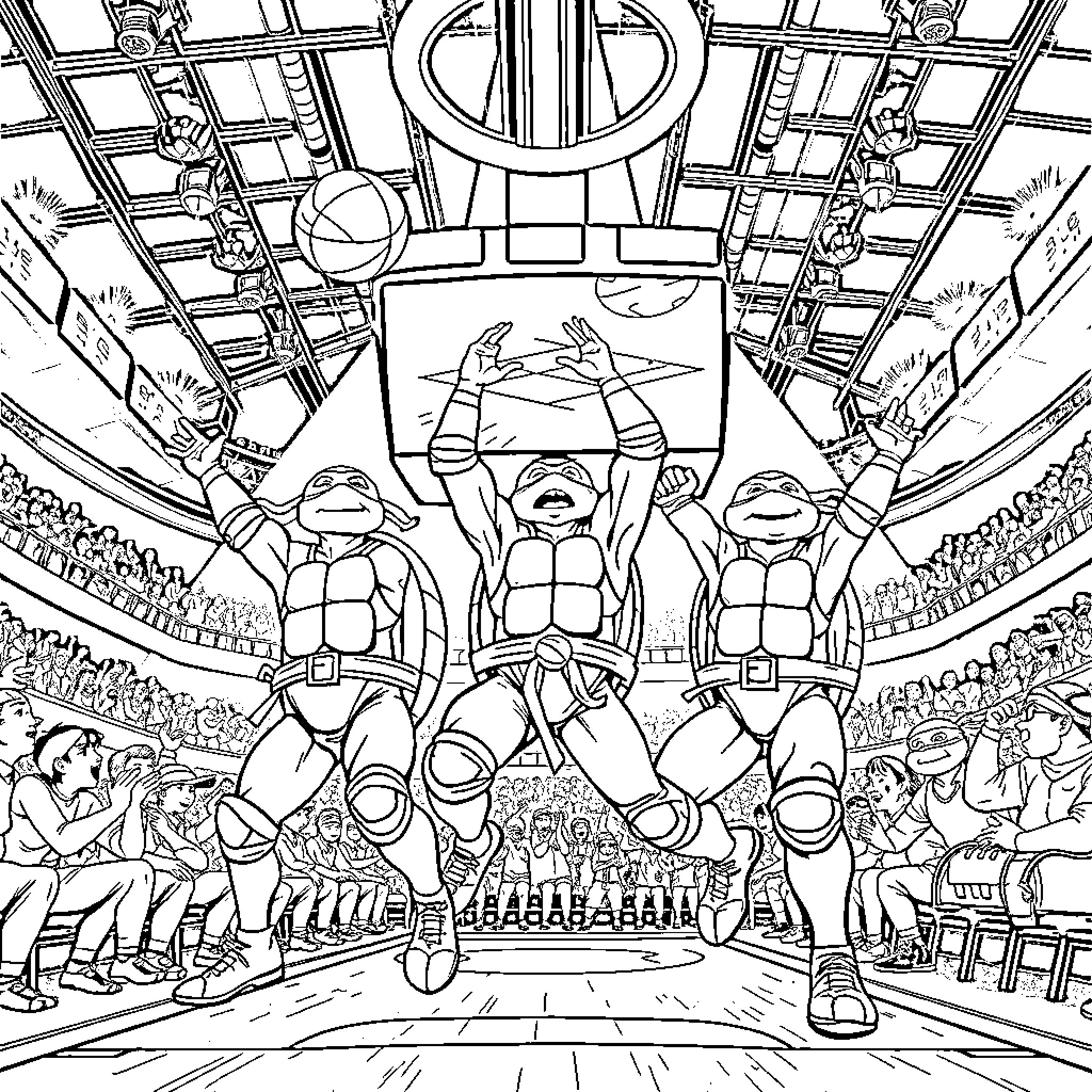 Ninja Turtles Performing Acrobatic Feats in Coliseum Coloring Page (free black-and-white line drawing printable PDF for all, from beginners to advanced learners, including children, teens, adults, and seniors)