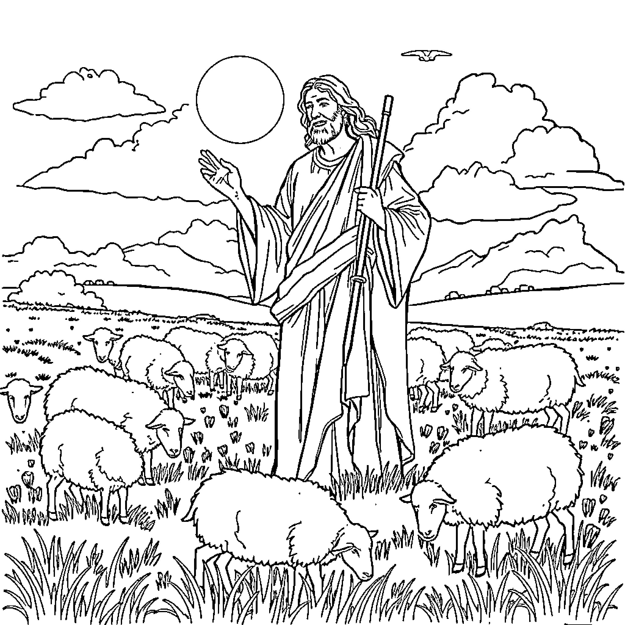 Jesus Tending to His Flock in the Meadow Coloring Page (free black-and-white line drawing printable PDF for all, from beginners to advanced learners, including children, teens, adults, and seniors)