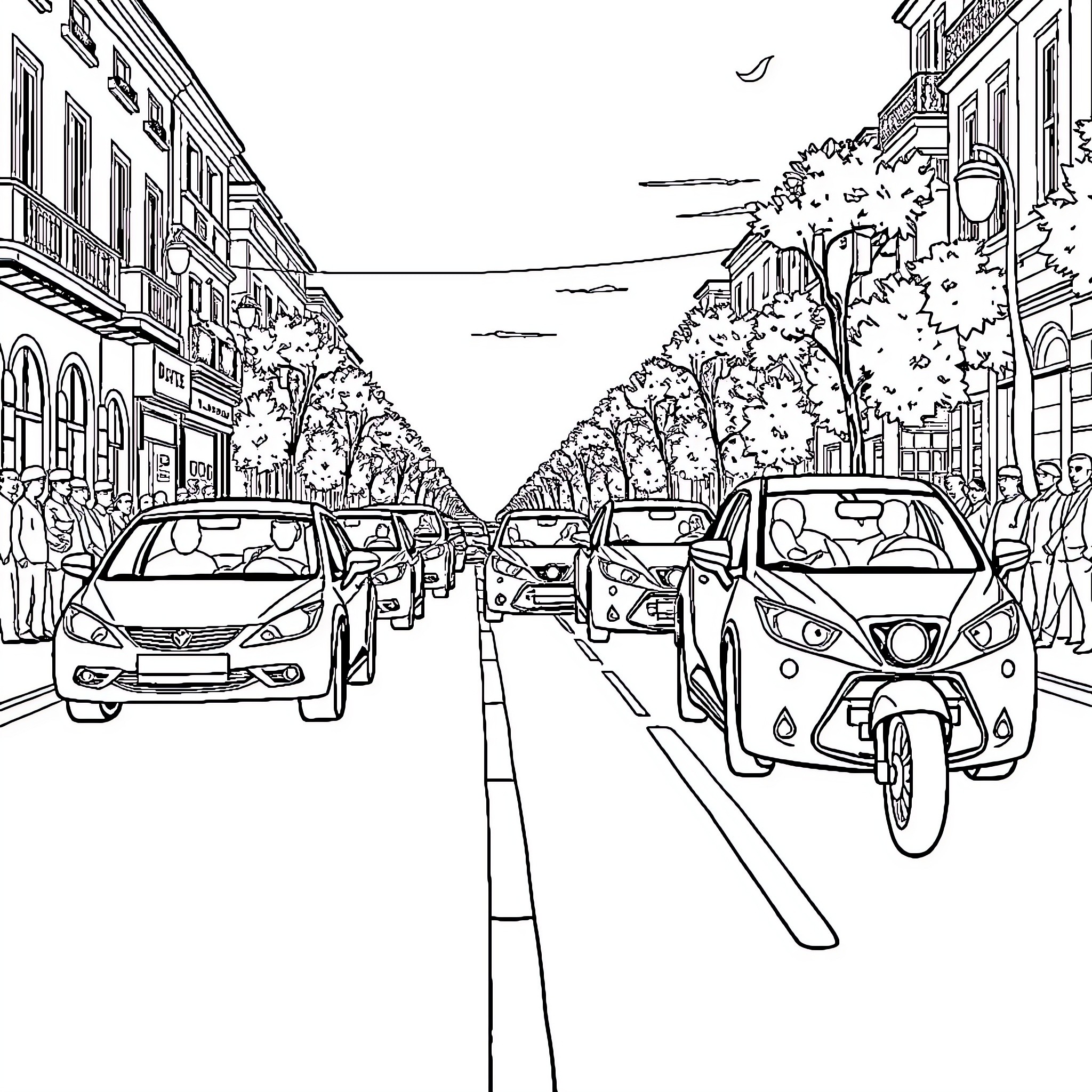 Cars traveling on a busy urban street Coloring Page (free black-and-white line drawing printable PDF for all, from beginners to advanced learners, including children, teens, adults, and seniors)