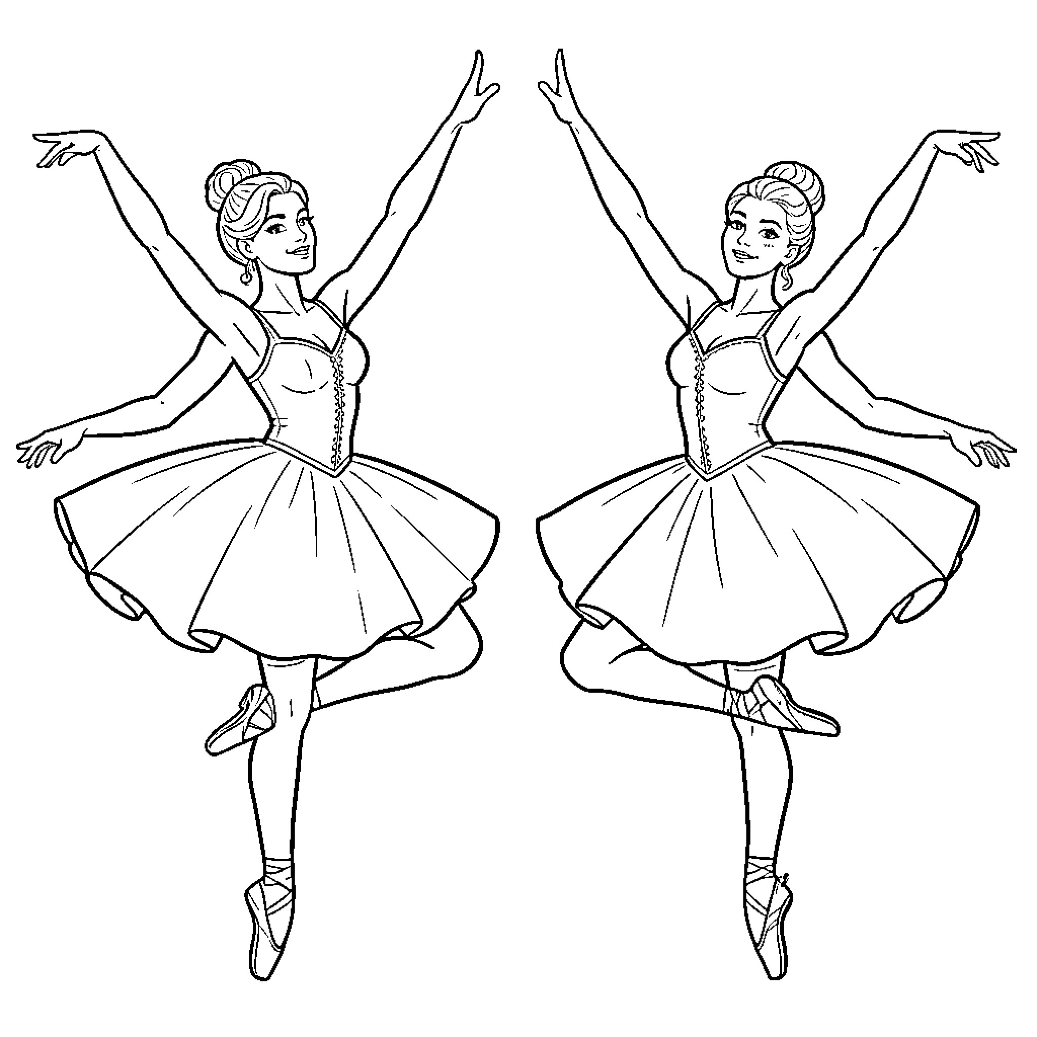 Ballet Dancers Performing Graceful Movements Coloring Page (free black-and-white line drawing printable PDF for all, from beginners to advanced learners, including children, teens, adults, and seniors)