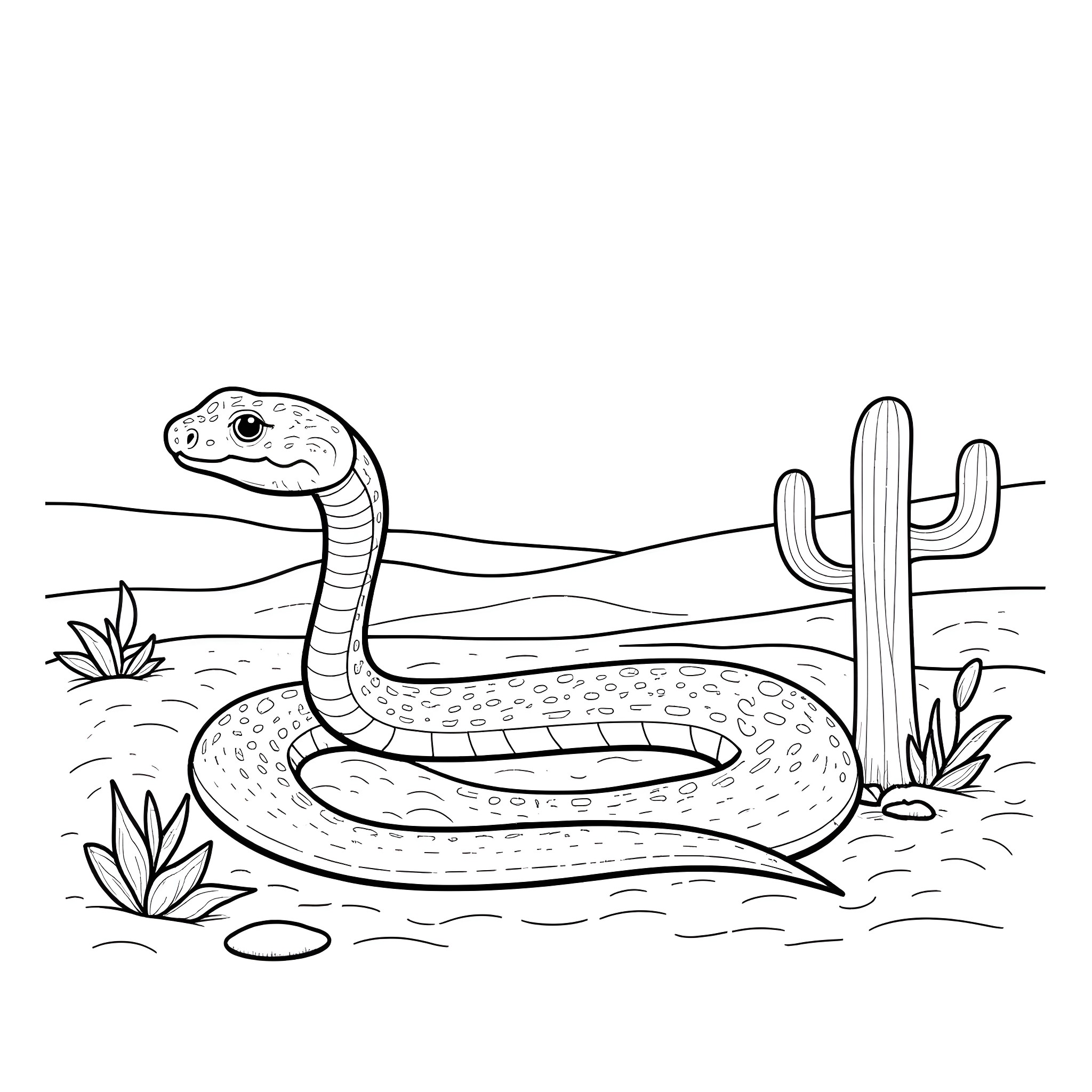 Rattlesnake coiled in the desert with cactus Coloring Page (free black-and-white line drawing printable PDF for all, from beginners to advanced learners, including children, teens, adults, and seniors)