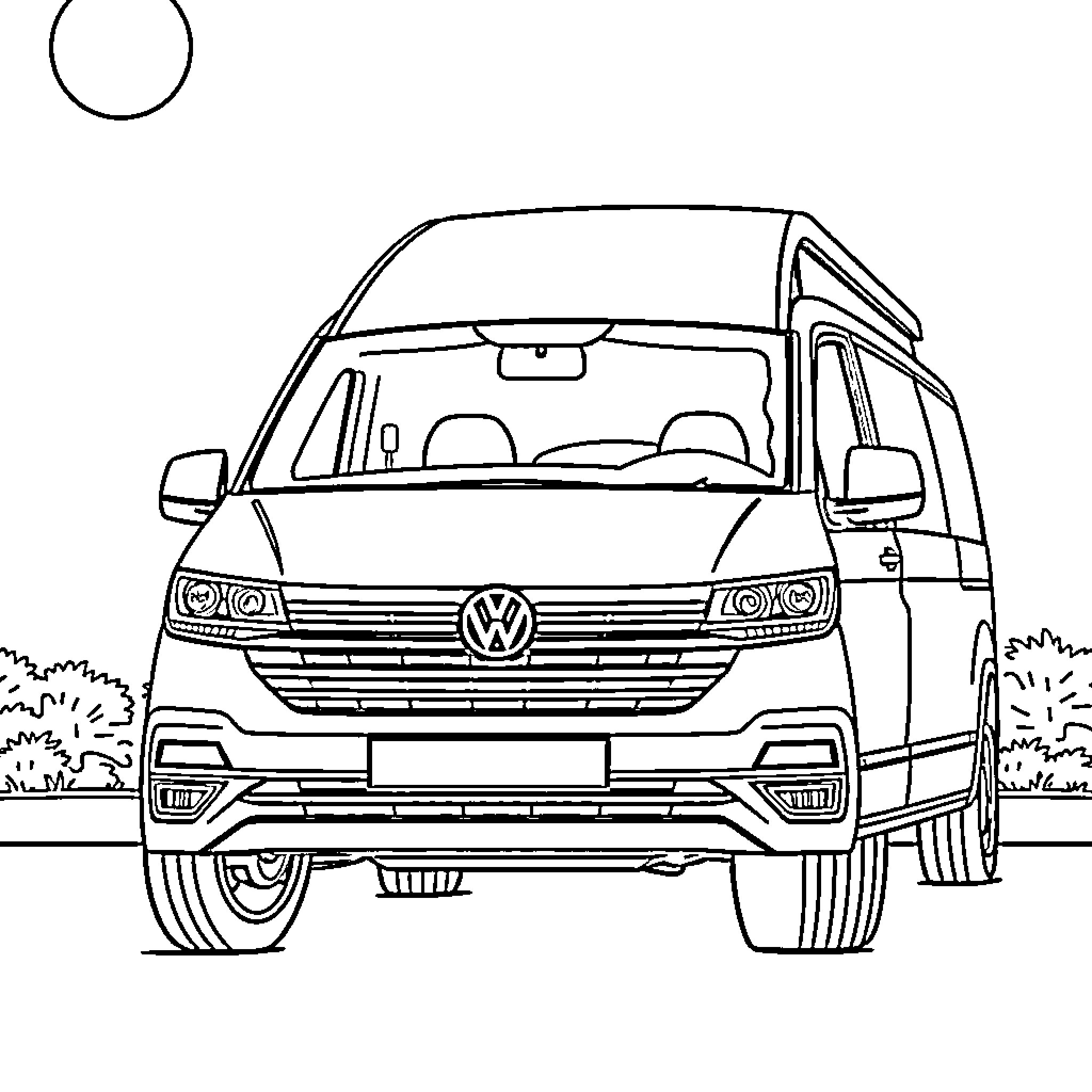 Volkswagen T-Cross parked in a grassy area Coloring Page (free black-and-white line drawing printable PDF for all, from beginners to advanced learners, including children, teens, adults, and seniors)