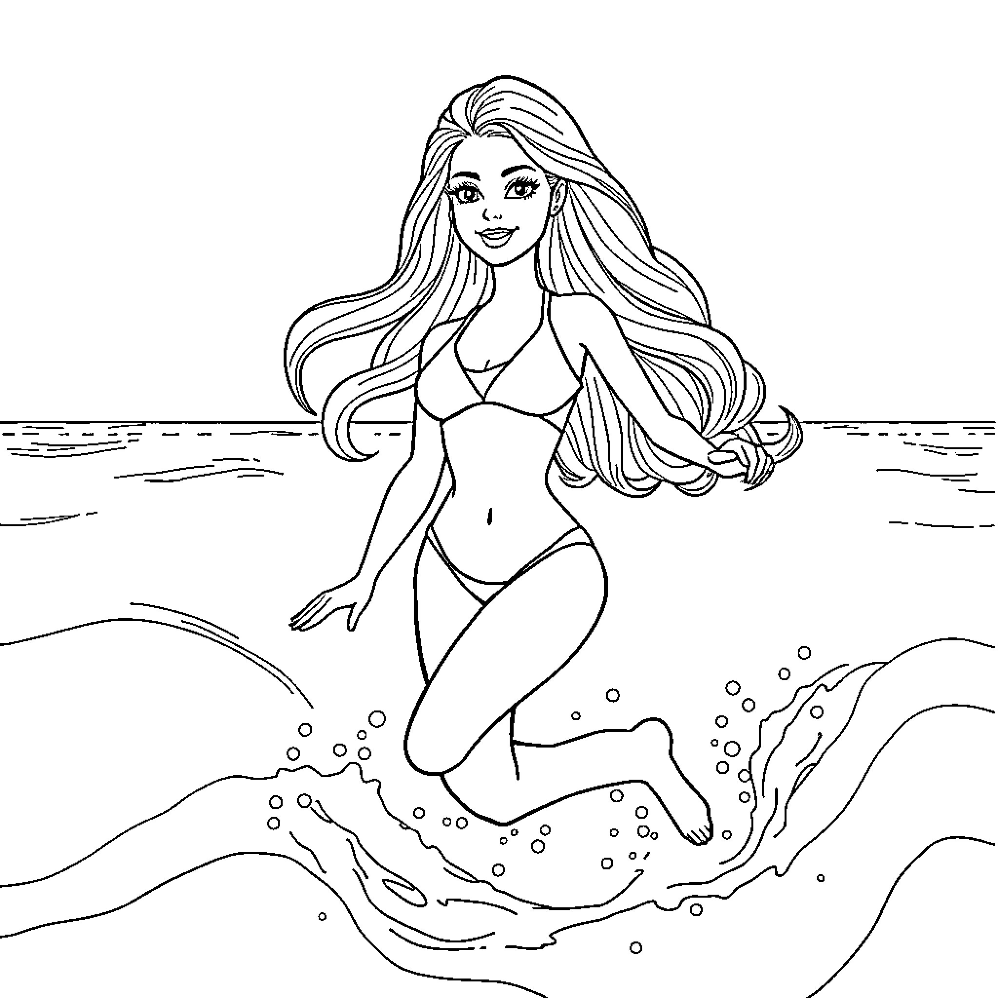 Barbie enjoying the waves in a beach setting Coloring Page (free black-and-white line drawing printable PDF for all, from beginners to advanced learners, including children, teens, adults, and seniors)