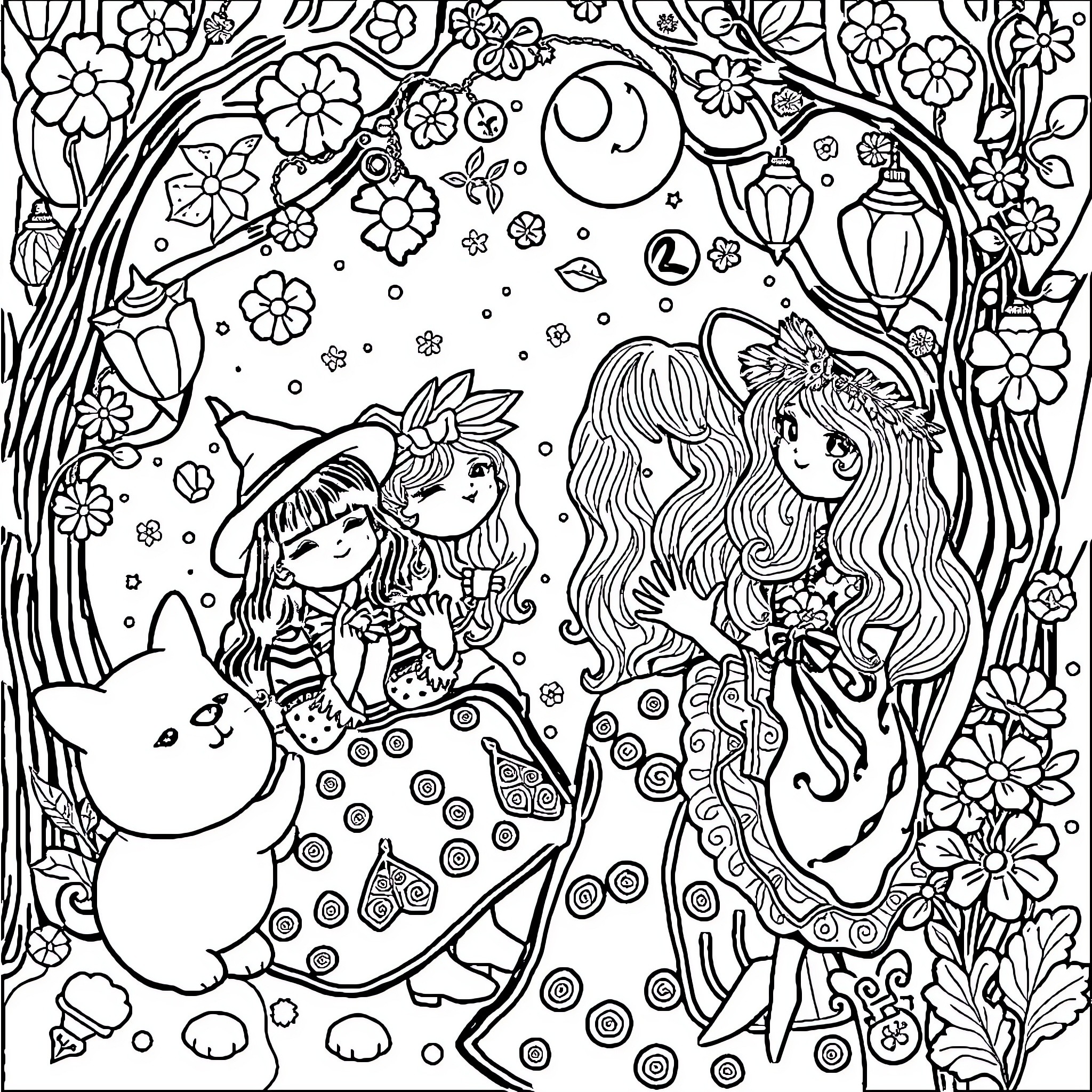 Alphonse Mucha-inspired Illustration with Fantastical Figures and Floral Motifs Coloring Page (free black-and-white line drawing printable PDF for all, from beginners to advanced learners, including children, teens, adults, and seniors)